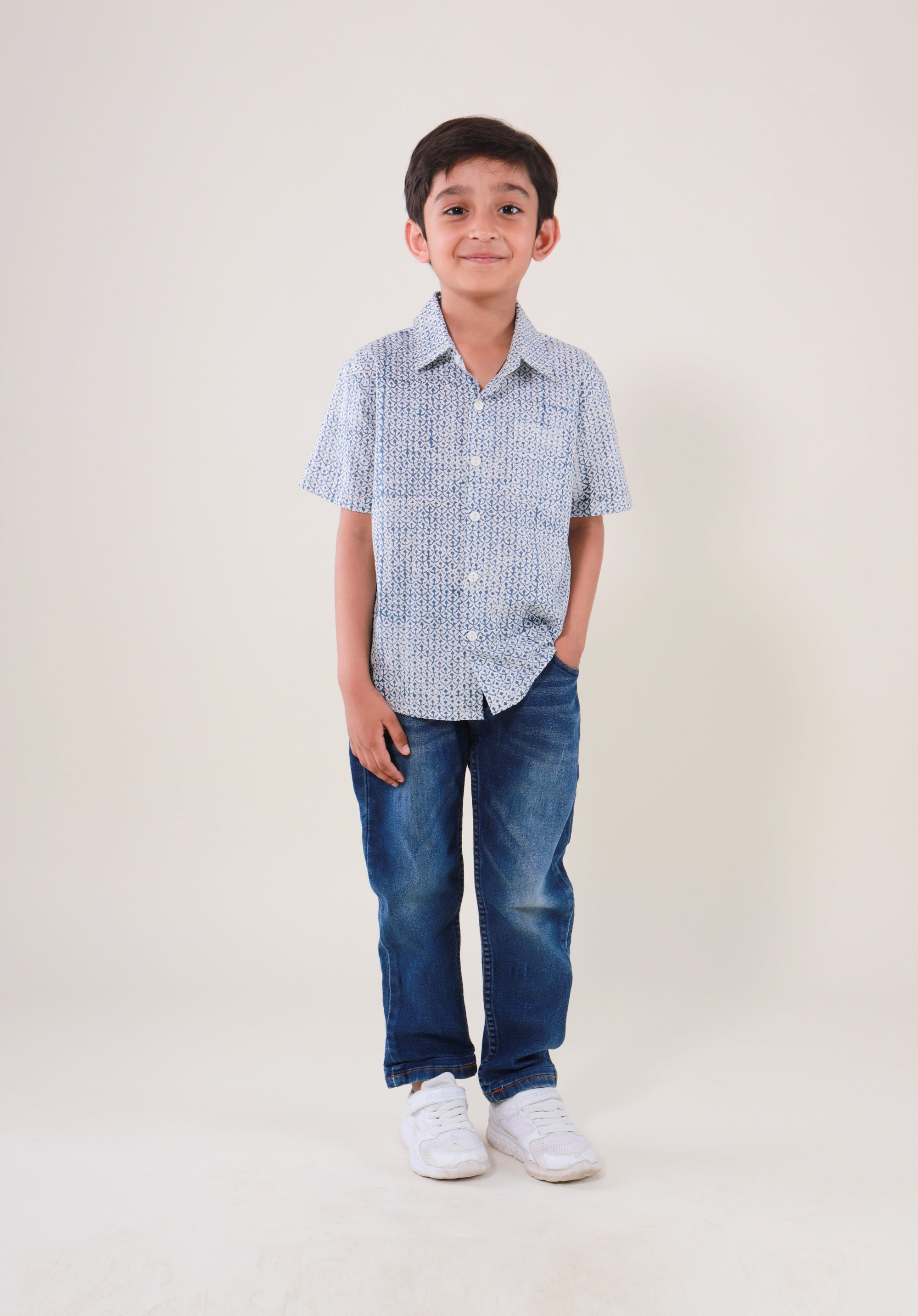 Block Printed Boy's Shirt Fish Scale Blue