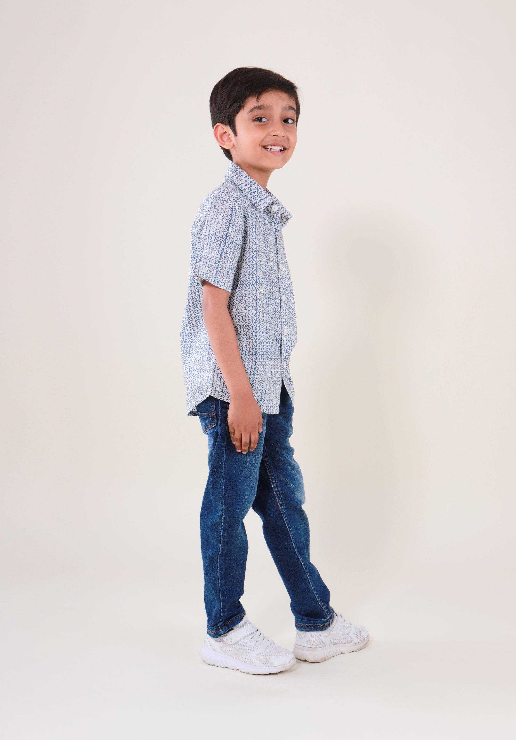 Block Printed Boy's Shirt Fish Scale Blue