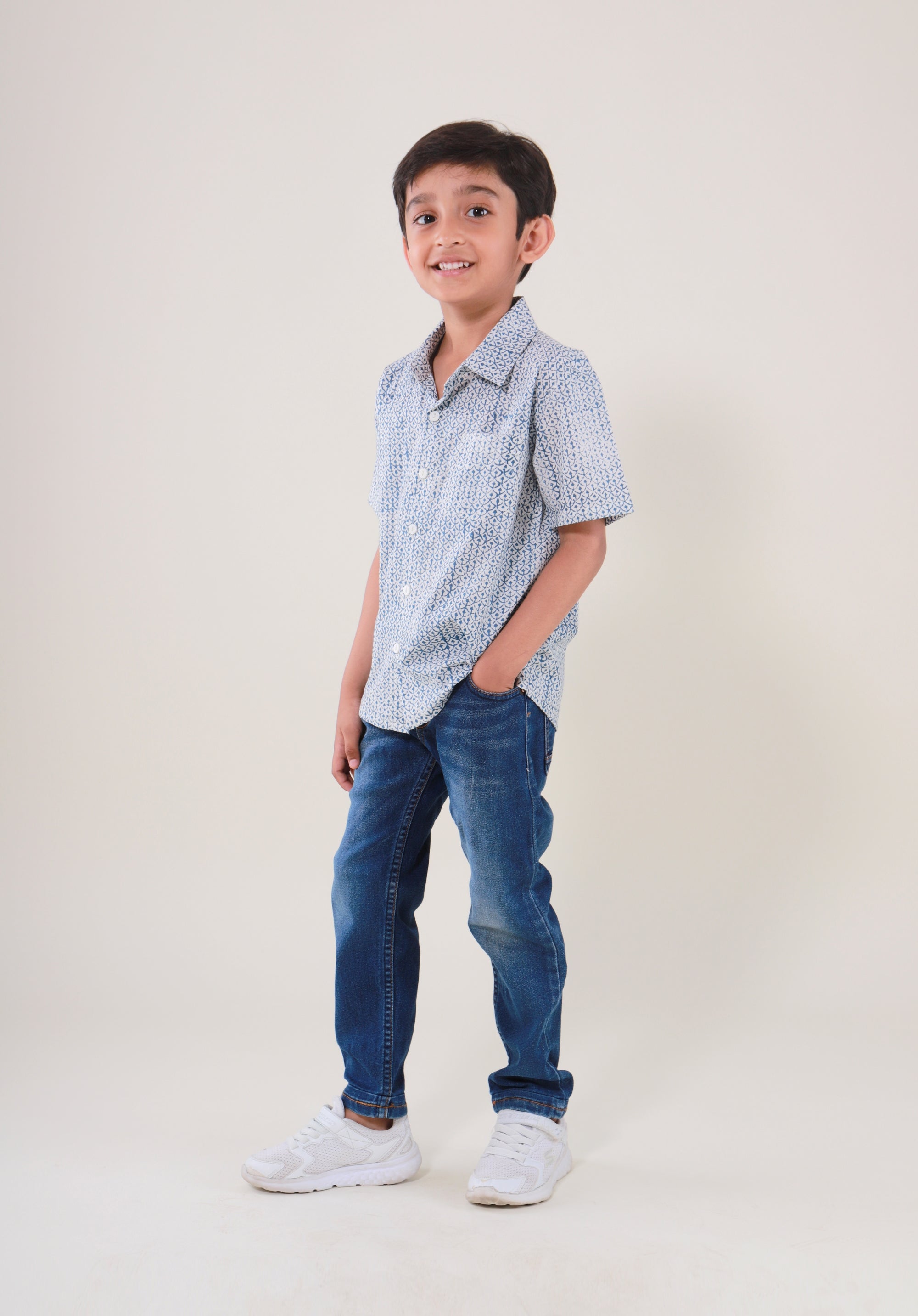 Block Printed Boy's Shirt Fish Scale Blue