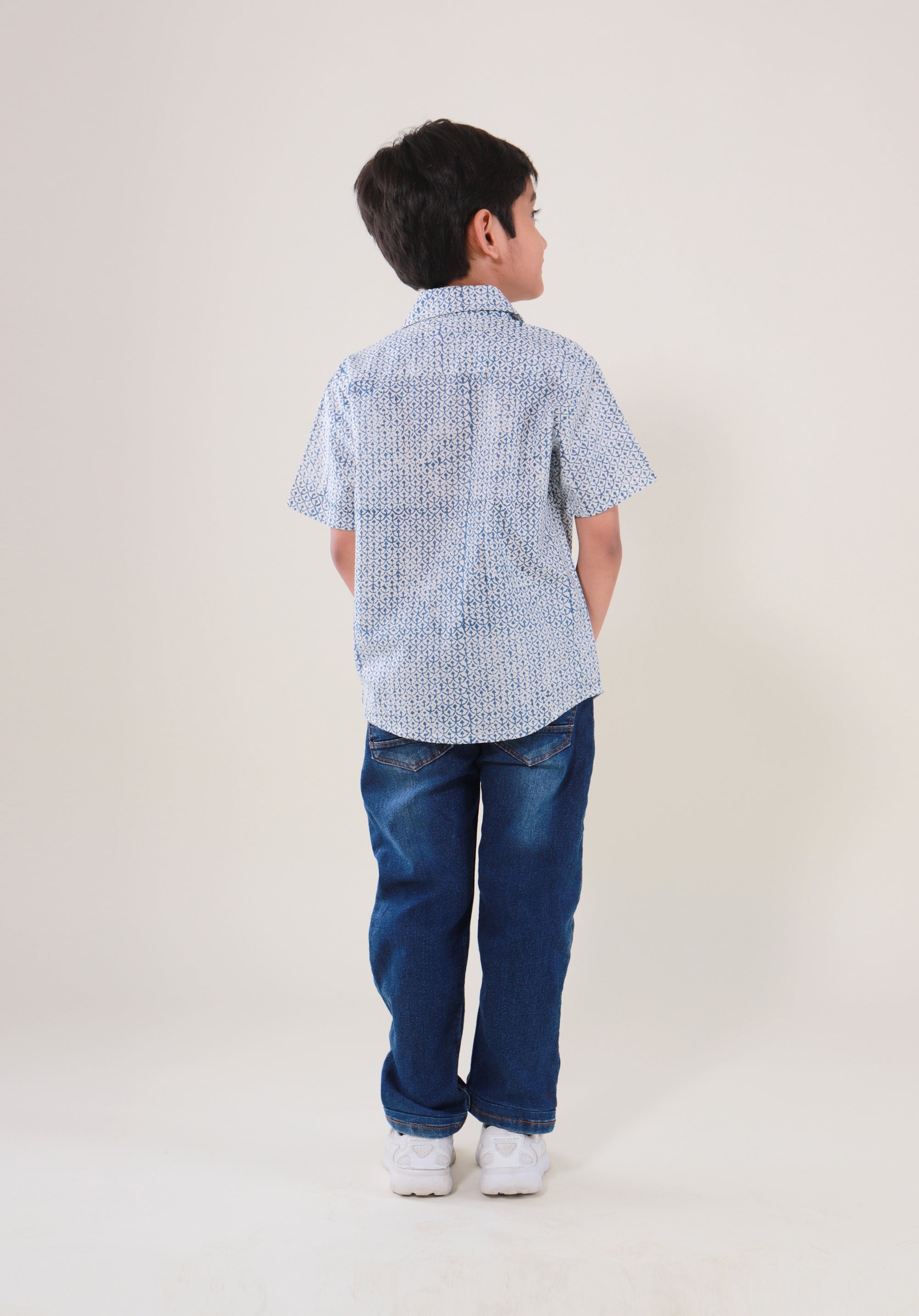 Block Printed Boy's Shirt Fish Scale Blue