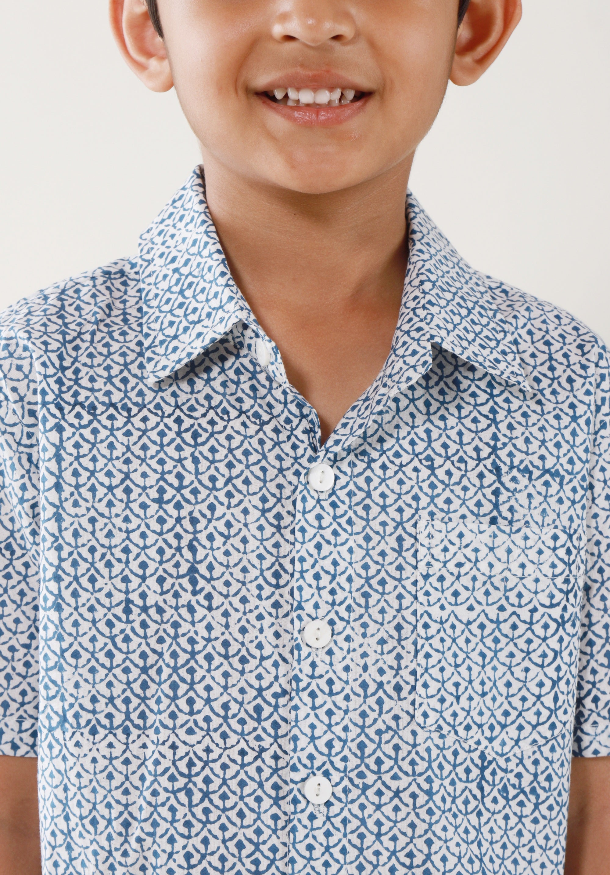 Block Printed Boy's Shirt Fish Scale Green