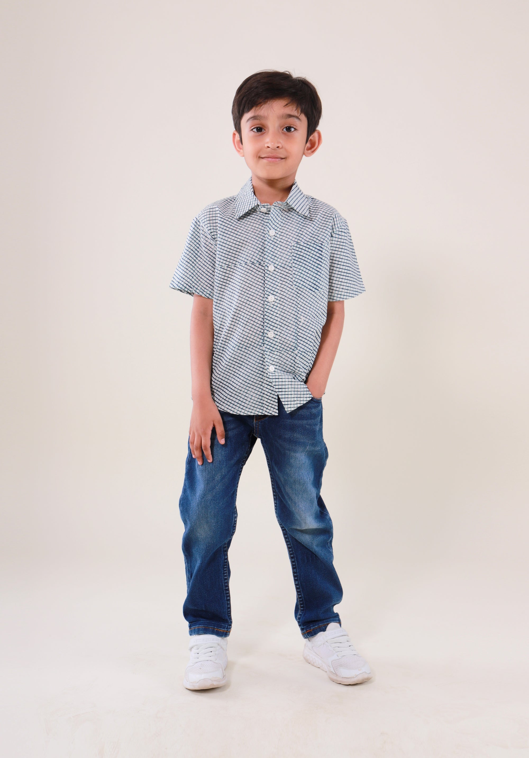 Block Printed Boy's Shirt Check Blue