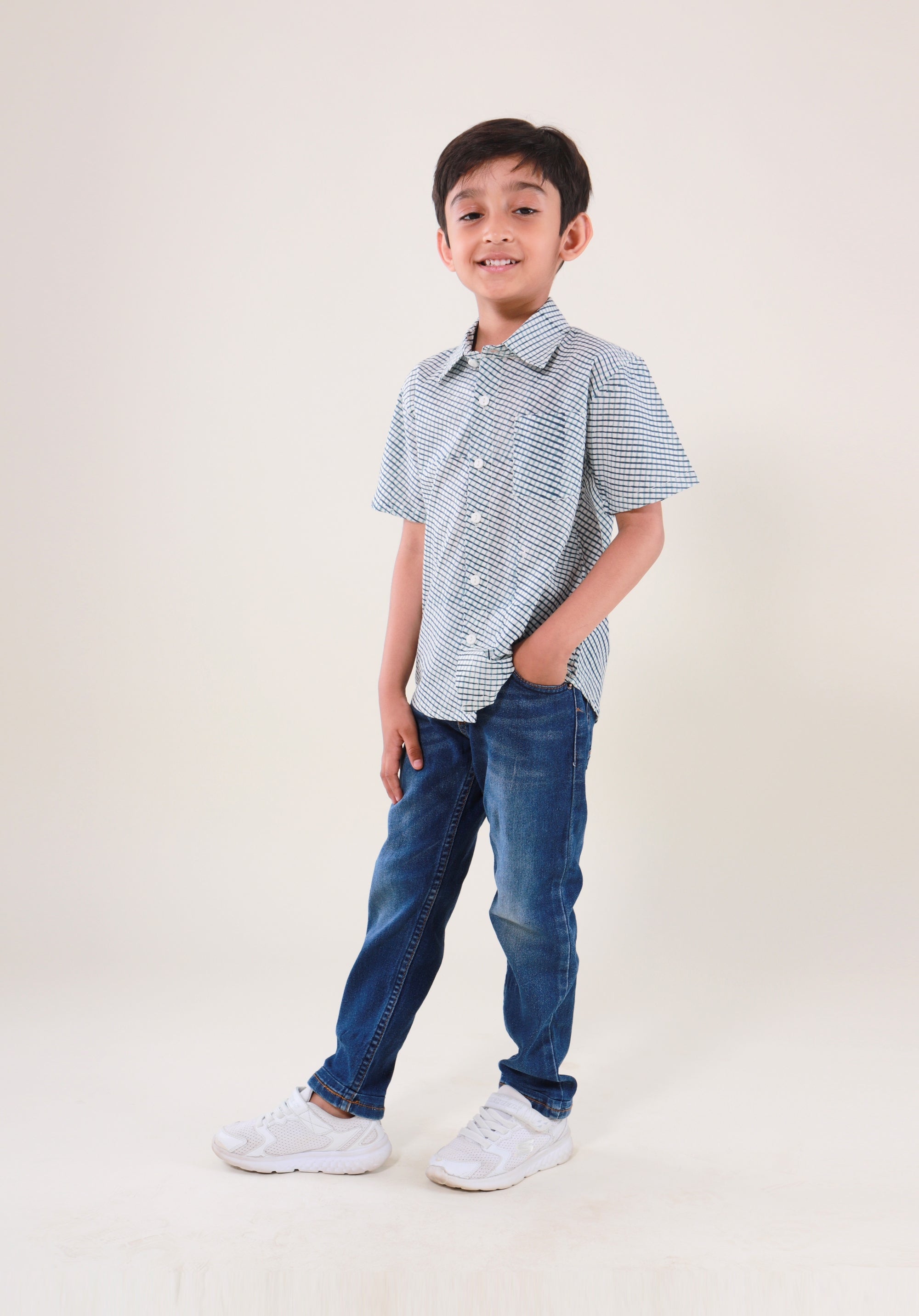 Block Printed Boy's Shirt Check Blue