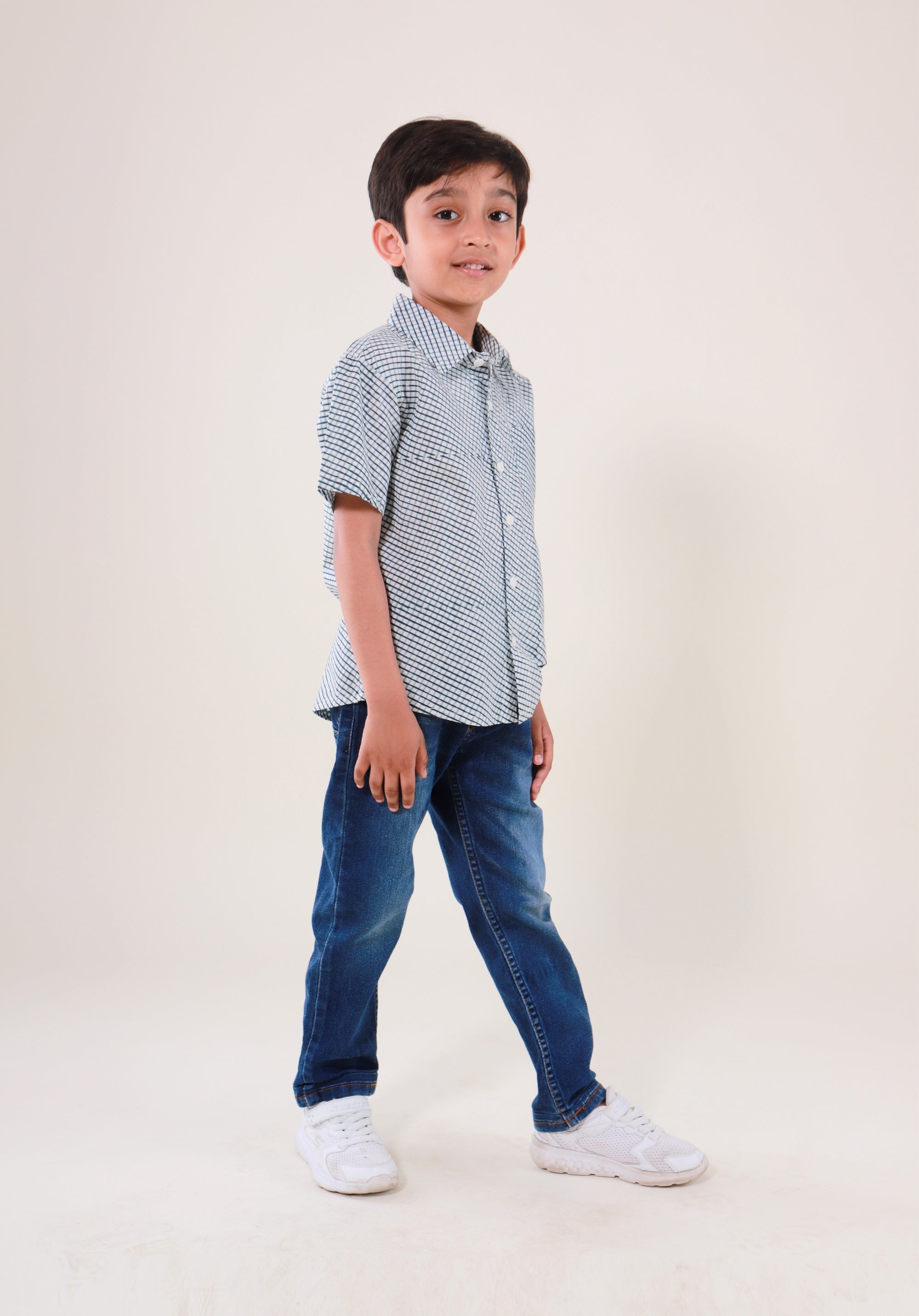 Block Printed Boy's Shirt Check Blue