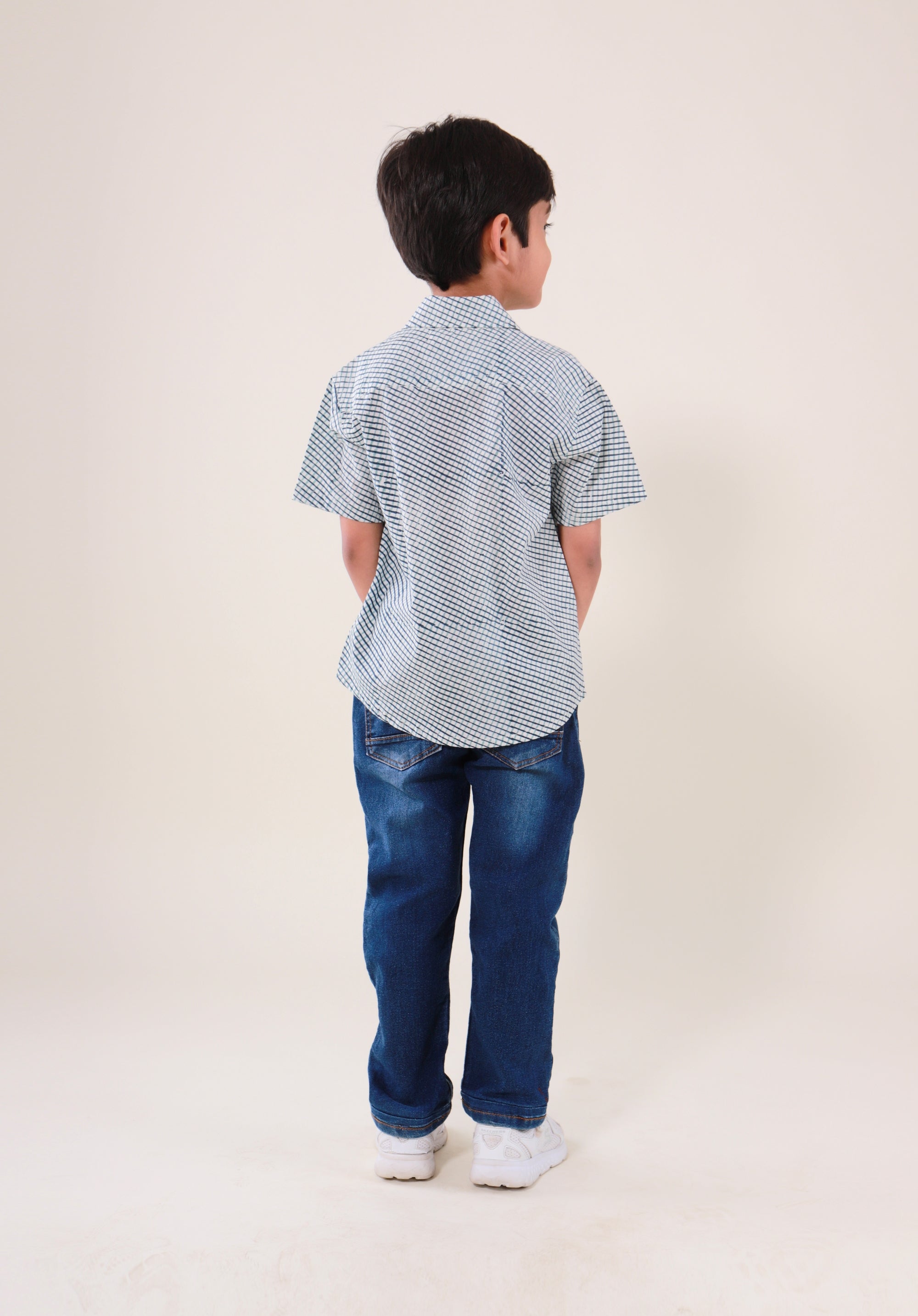 Block Printed Boy's Shirt Check Blue