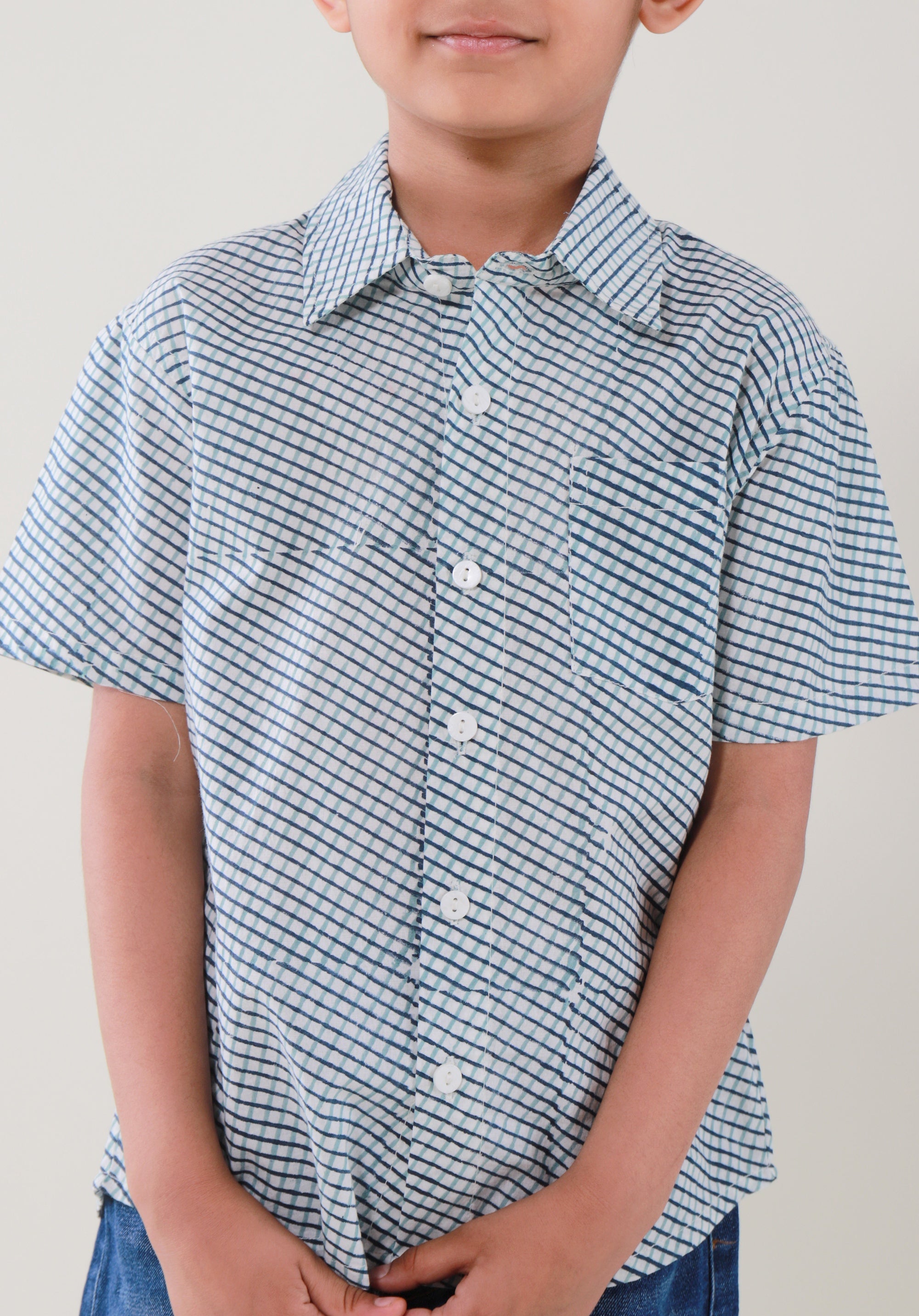 Block Printed Boy's Shirt Check Blue