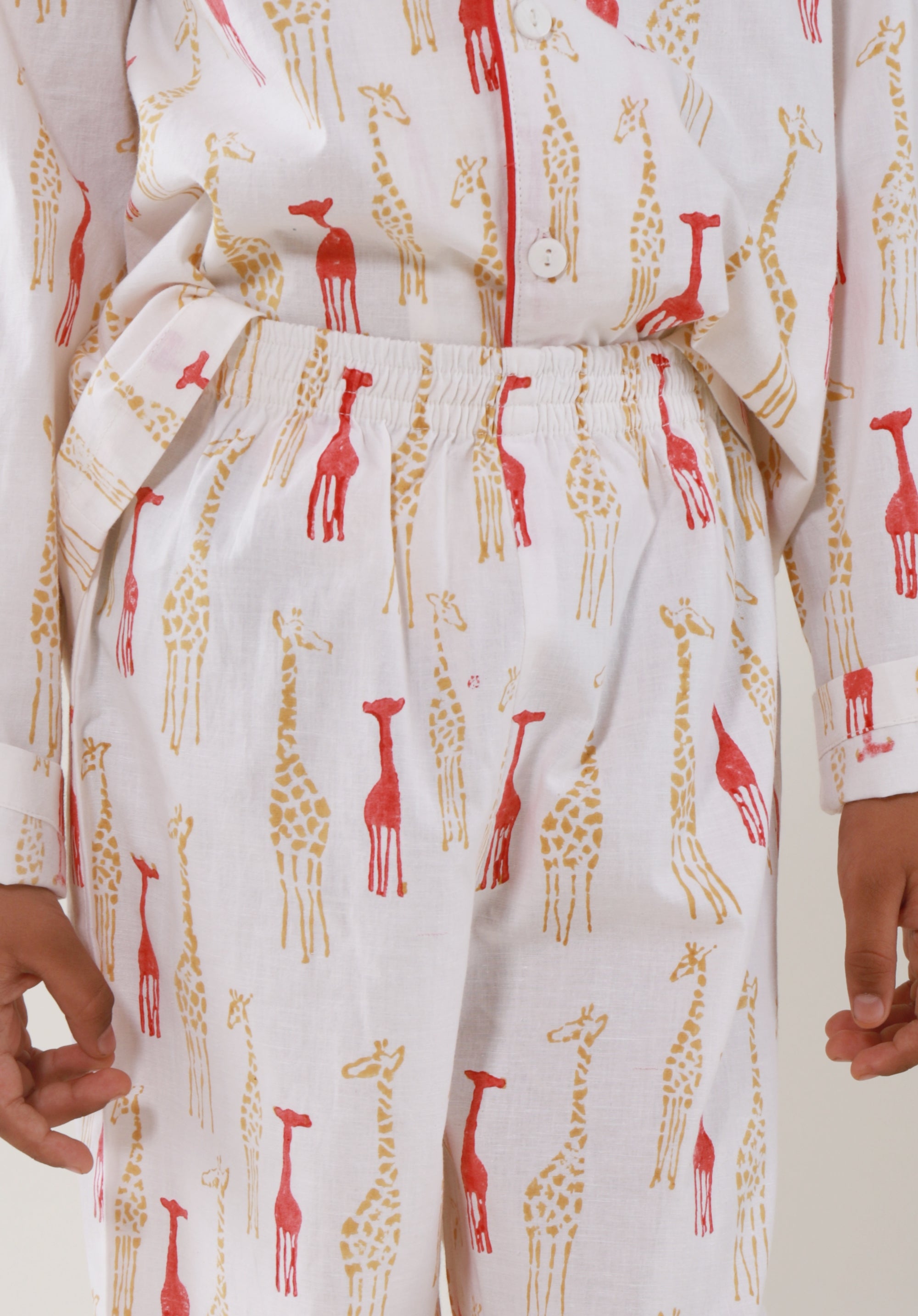 Block Printed Unisex Nightsuit set Giraffe Red