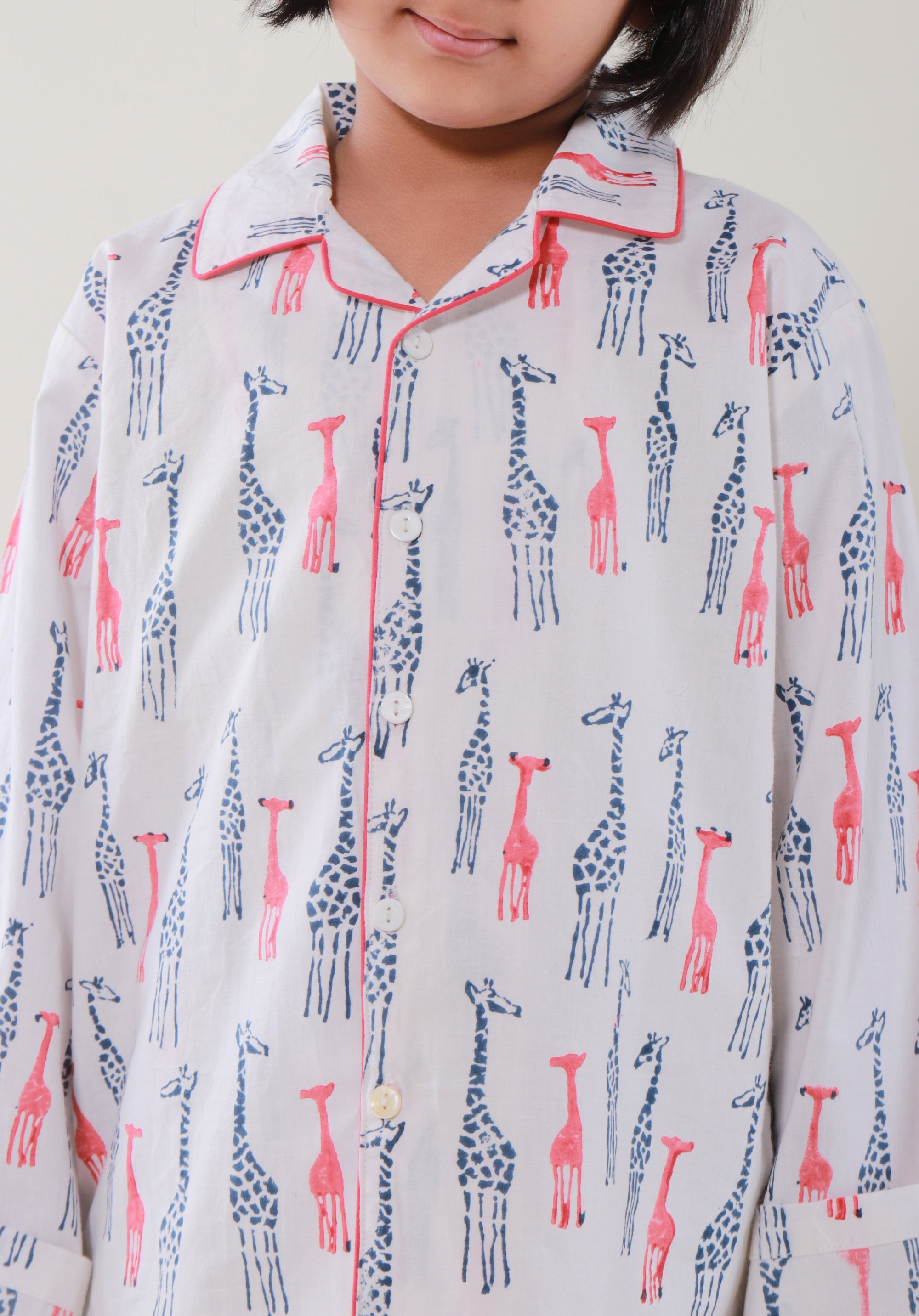 Block Printed Unisex Nightsuit set Giraffe Red