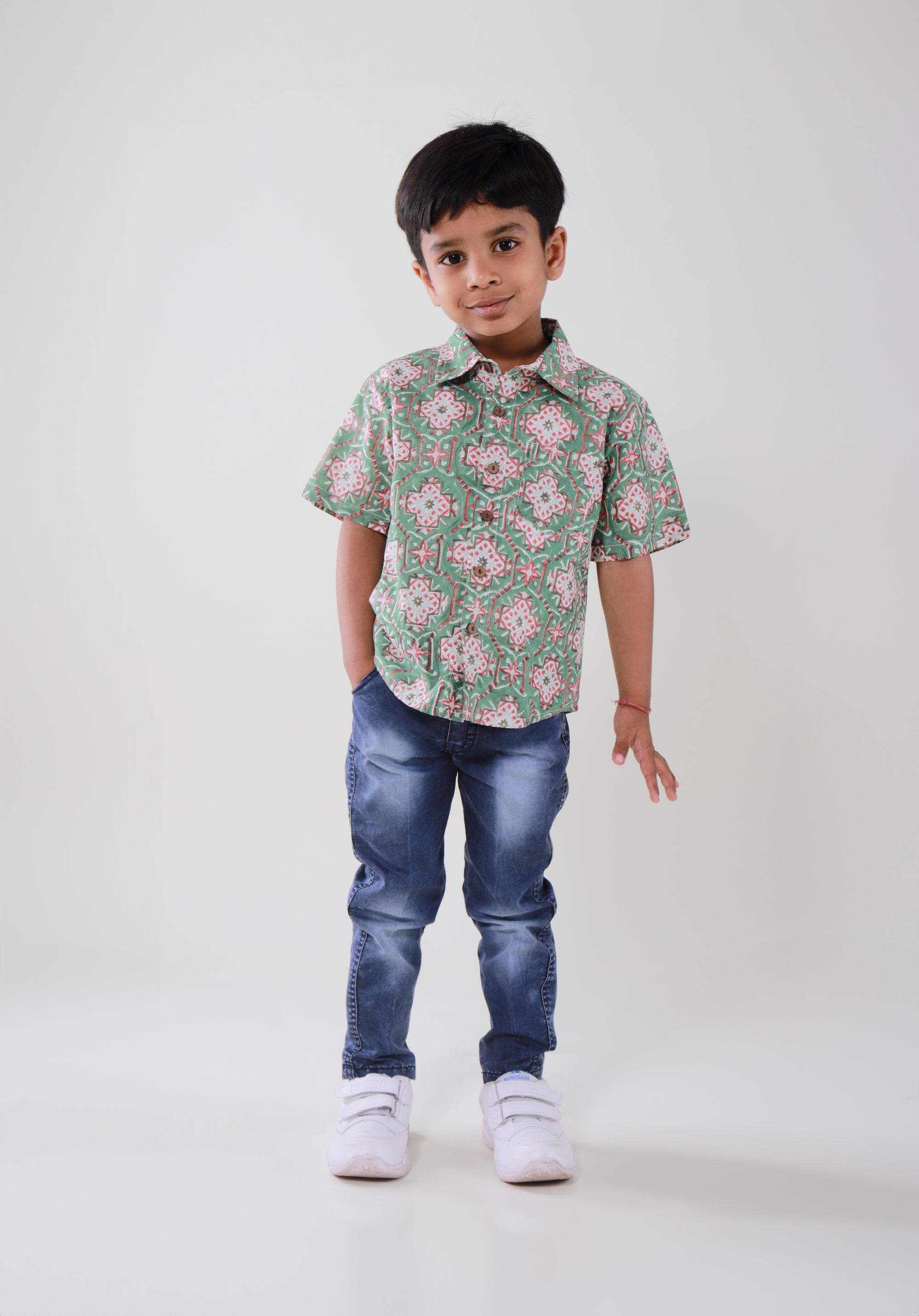 Block Printed Boy's Shirt Mandala Green