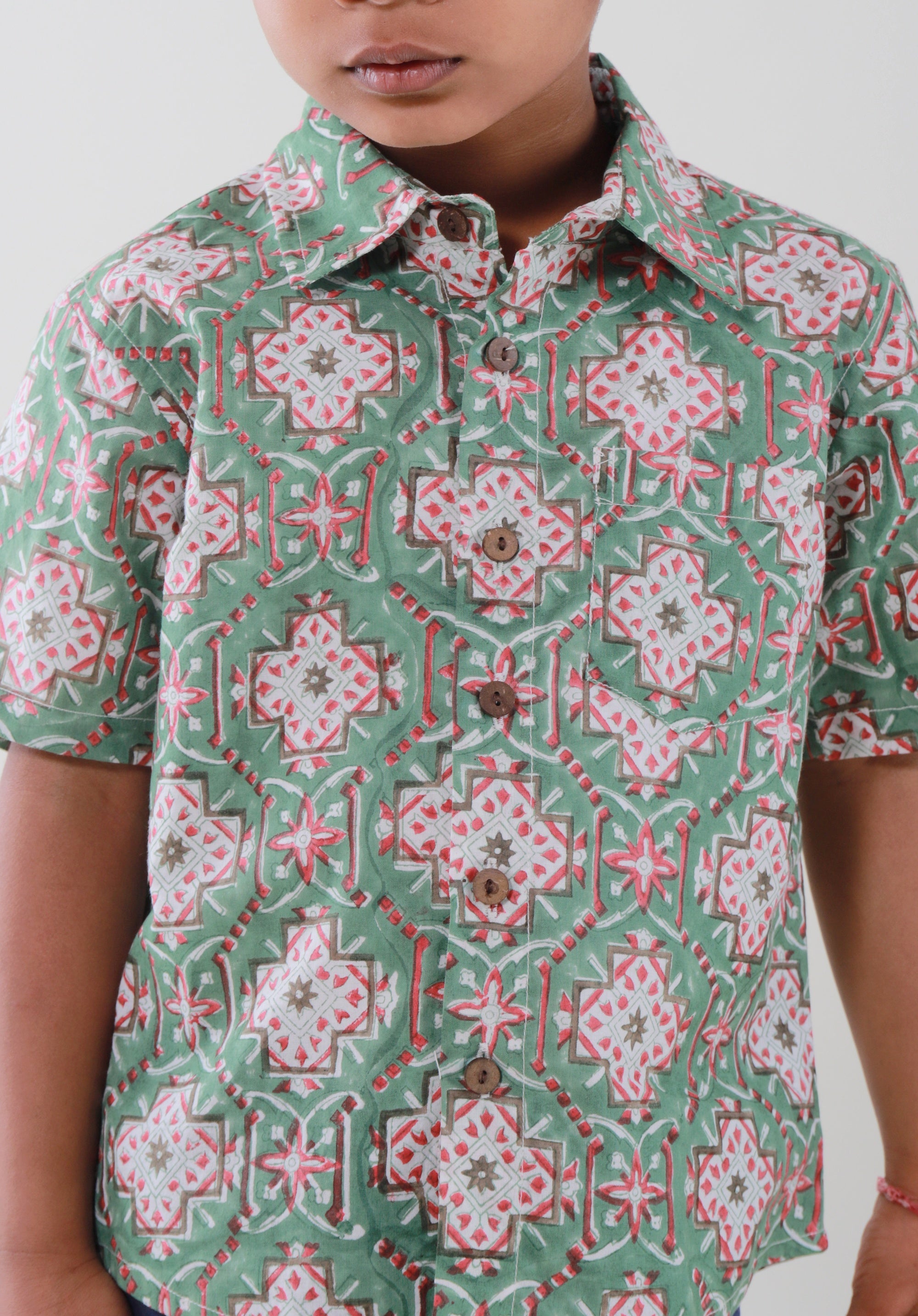 Block Printed Boy's Shirt Mandala Green