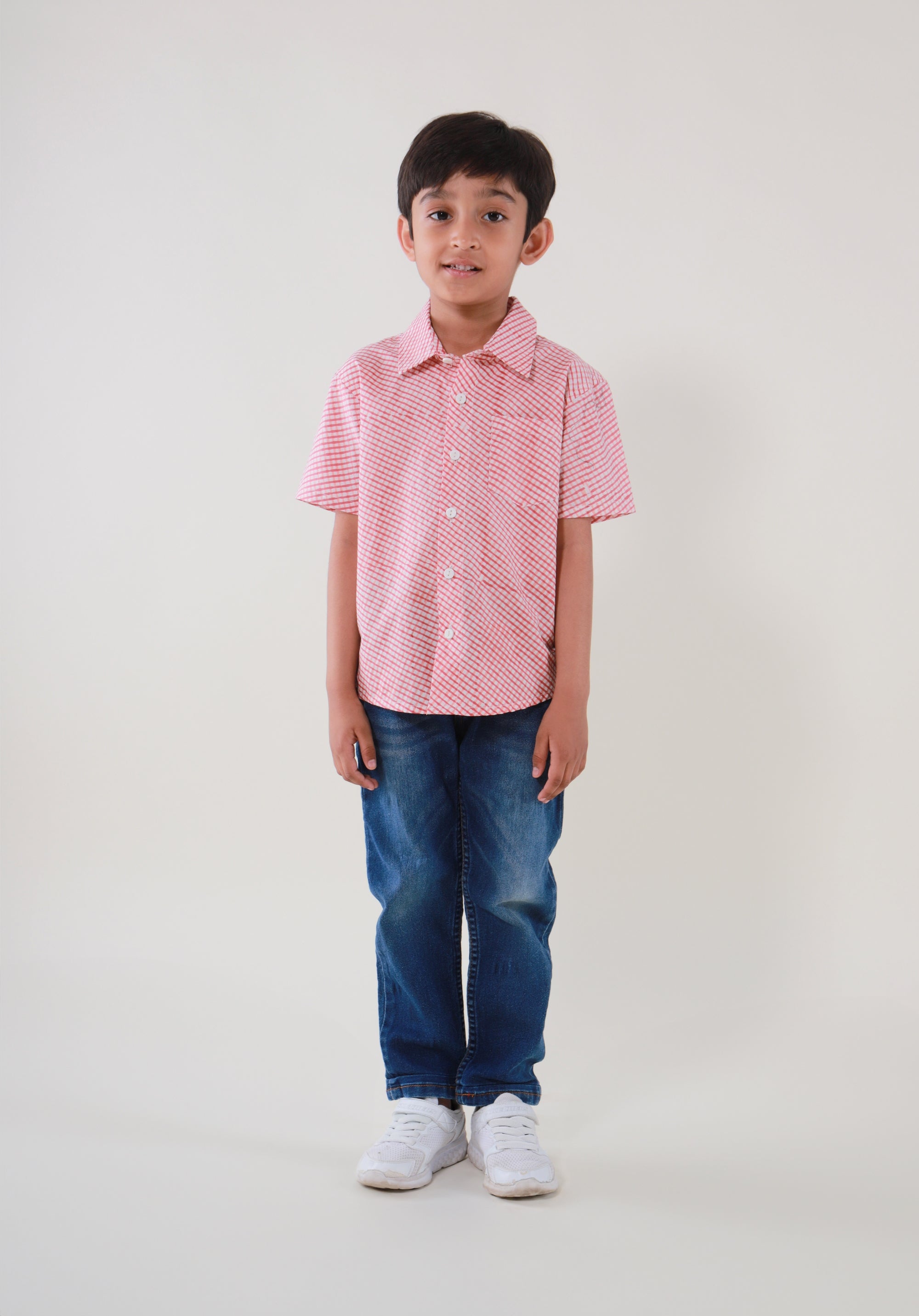 Block Printed Boy's Shirt Check Red