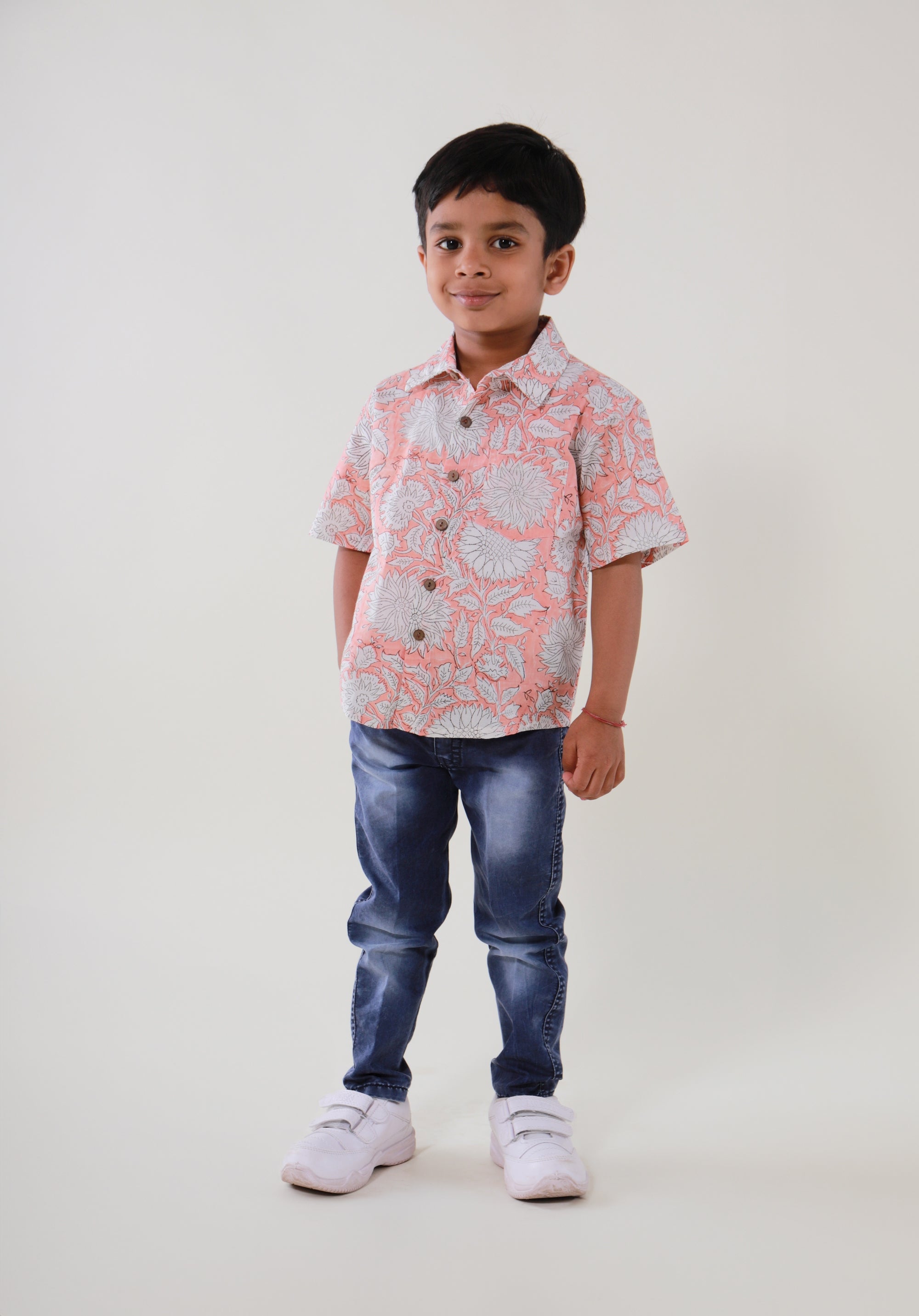 Block Printed Boy's Shirt Floral Peach
