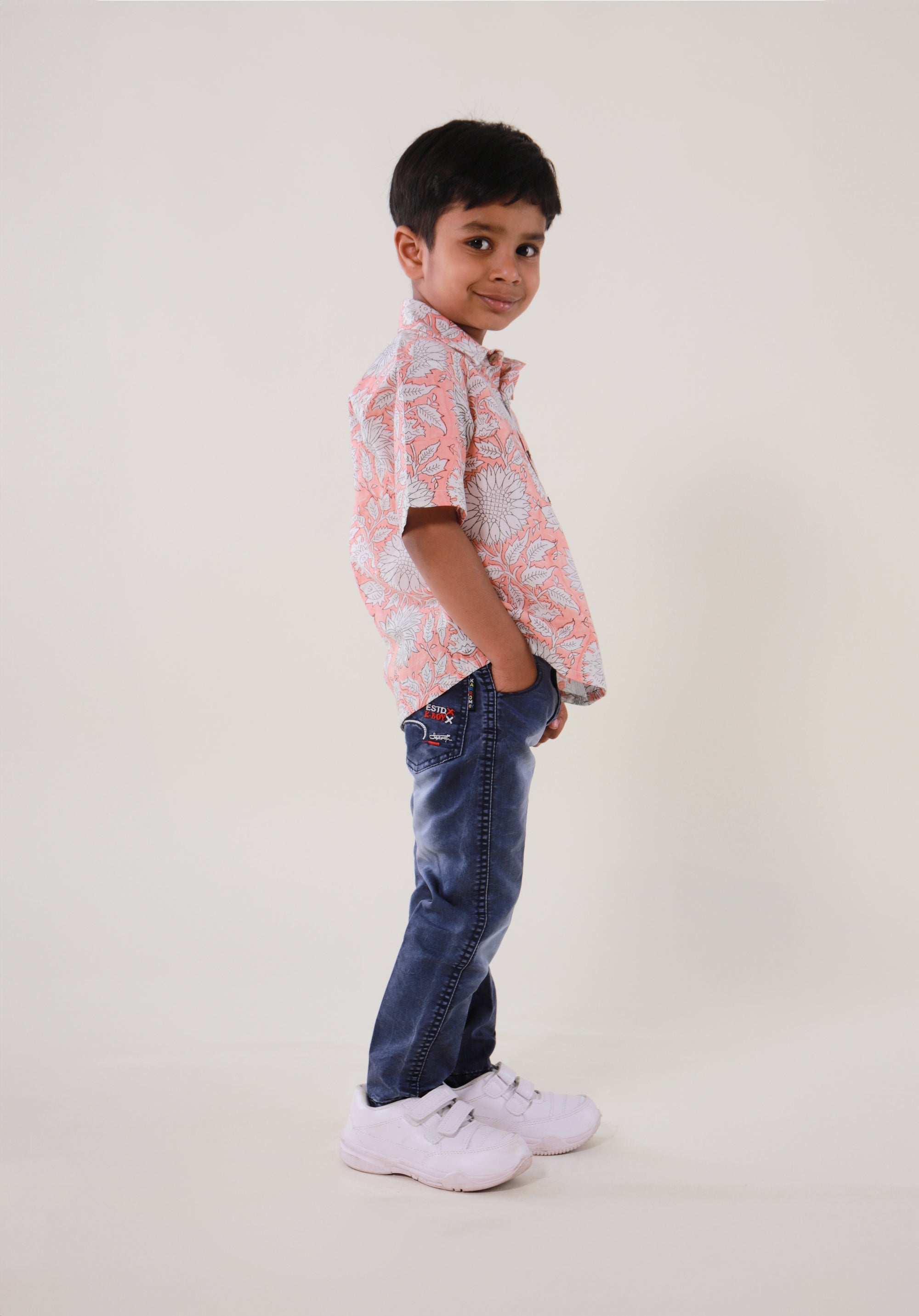 Block Printed Boy's Shirt Floral Peach