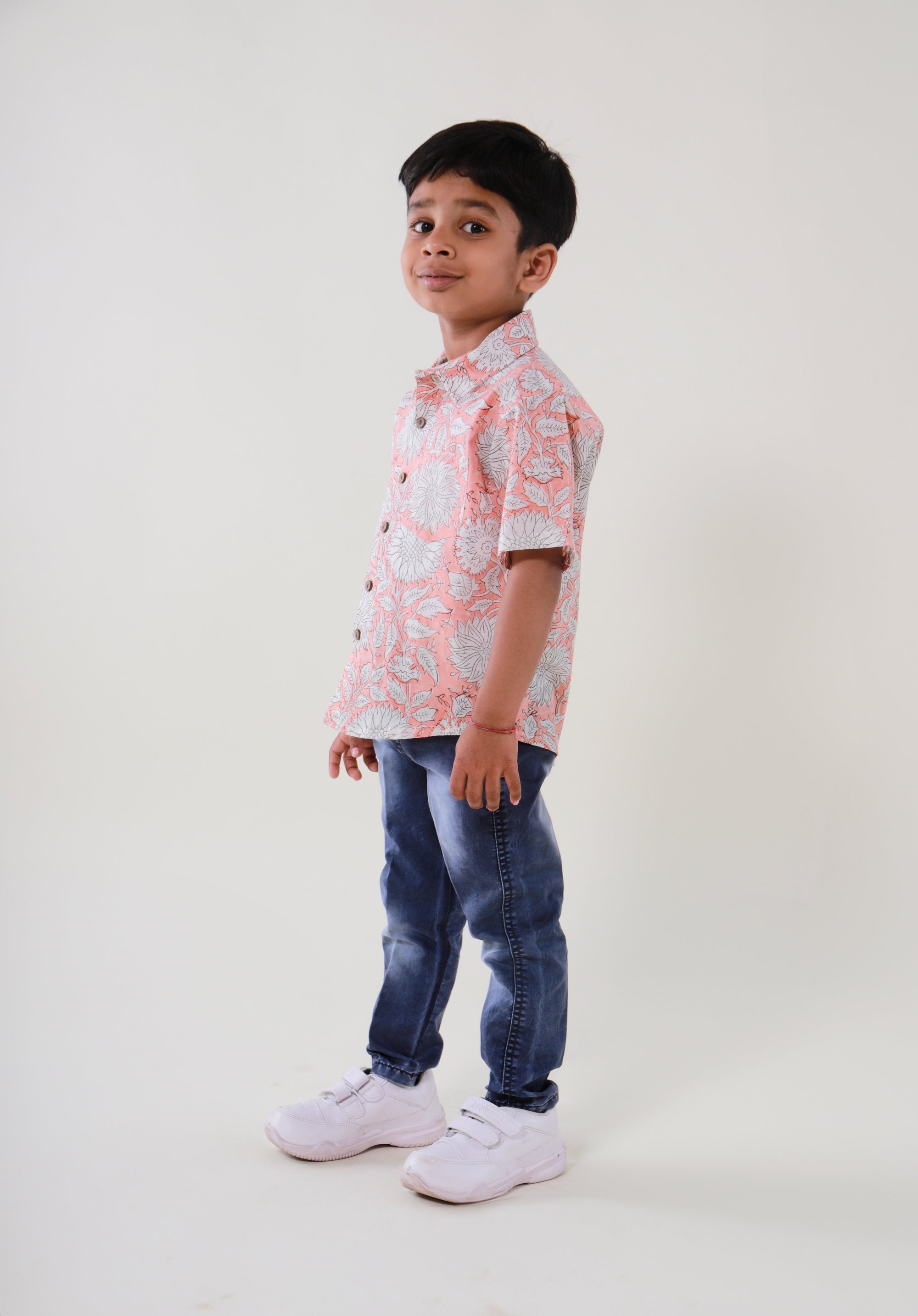 Block Printed Boy's Shirt Floral Peach