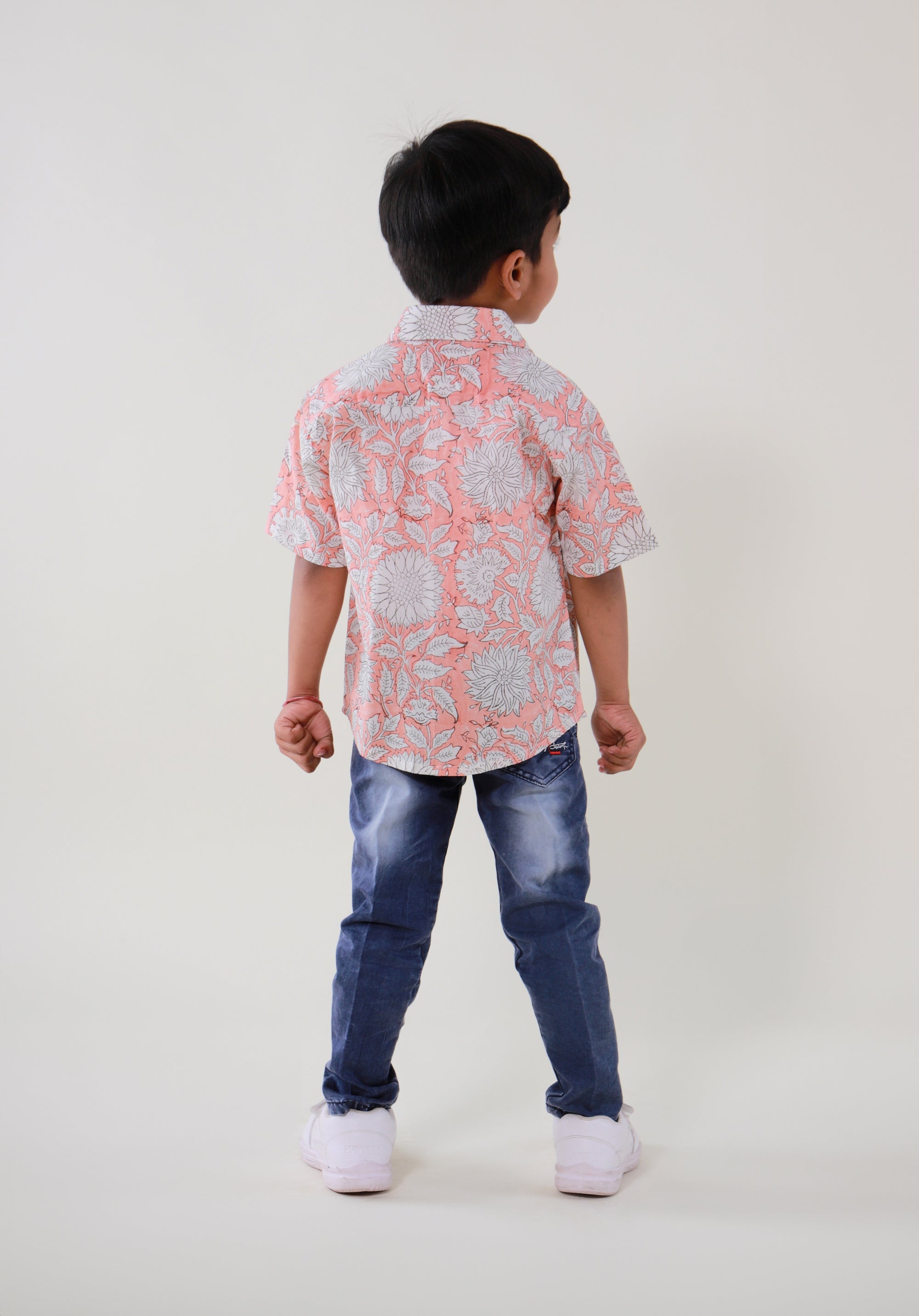 Block Printed Boy's Shirt Floral Peach