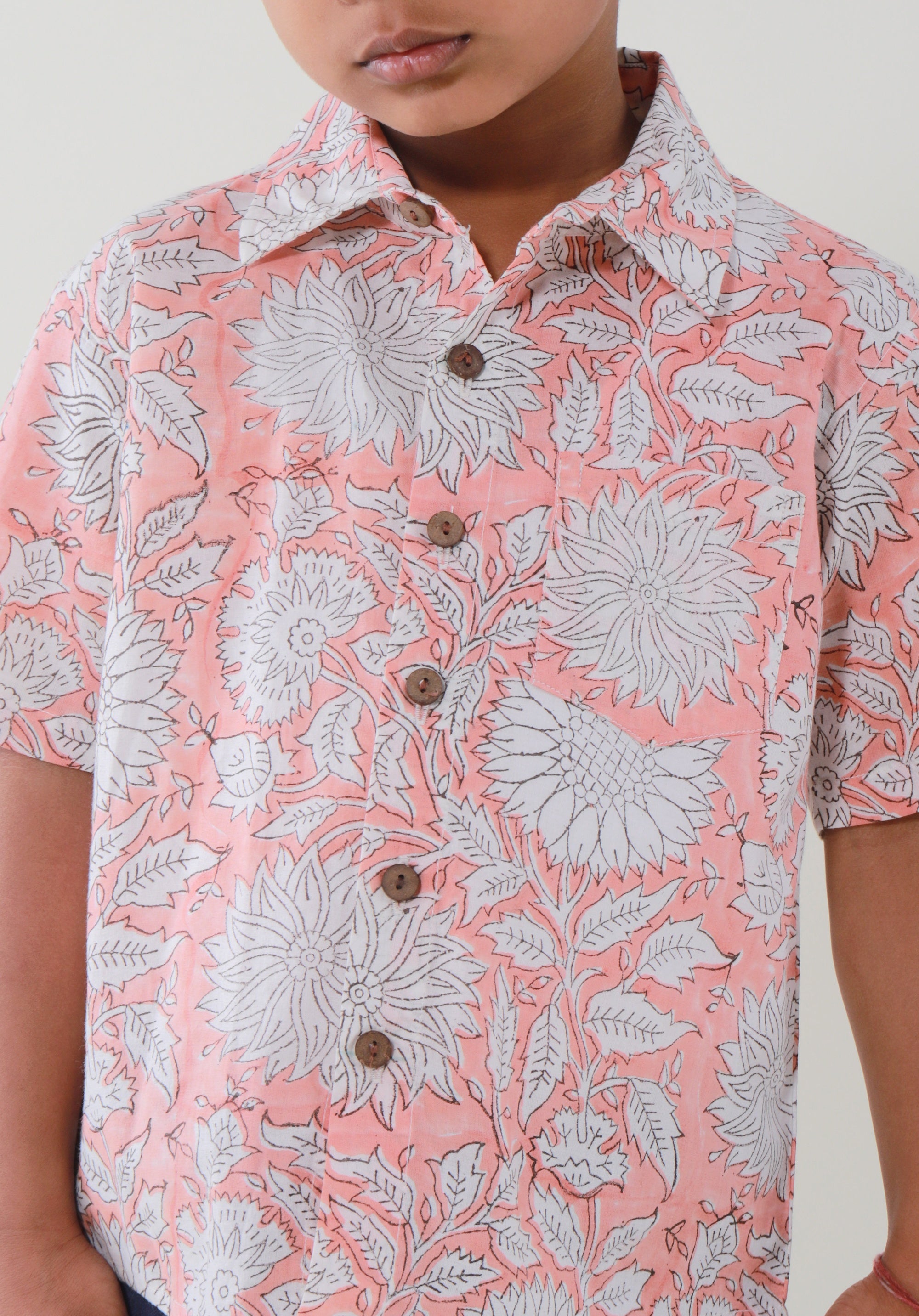 Block Printed Boy's Shirt Floral Peach