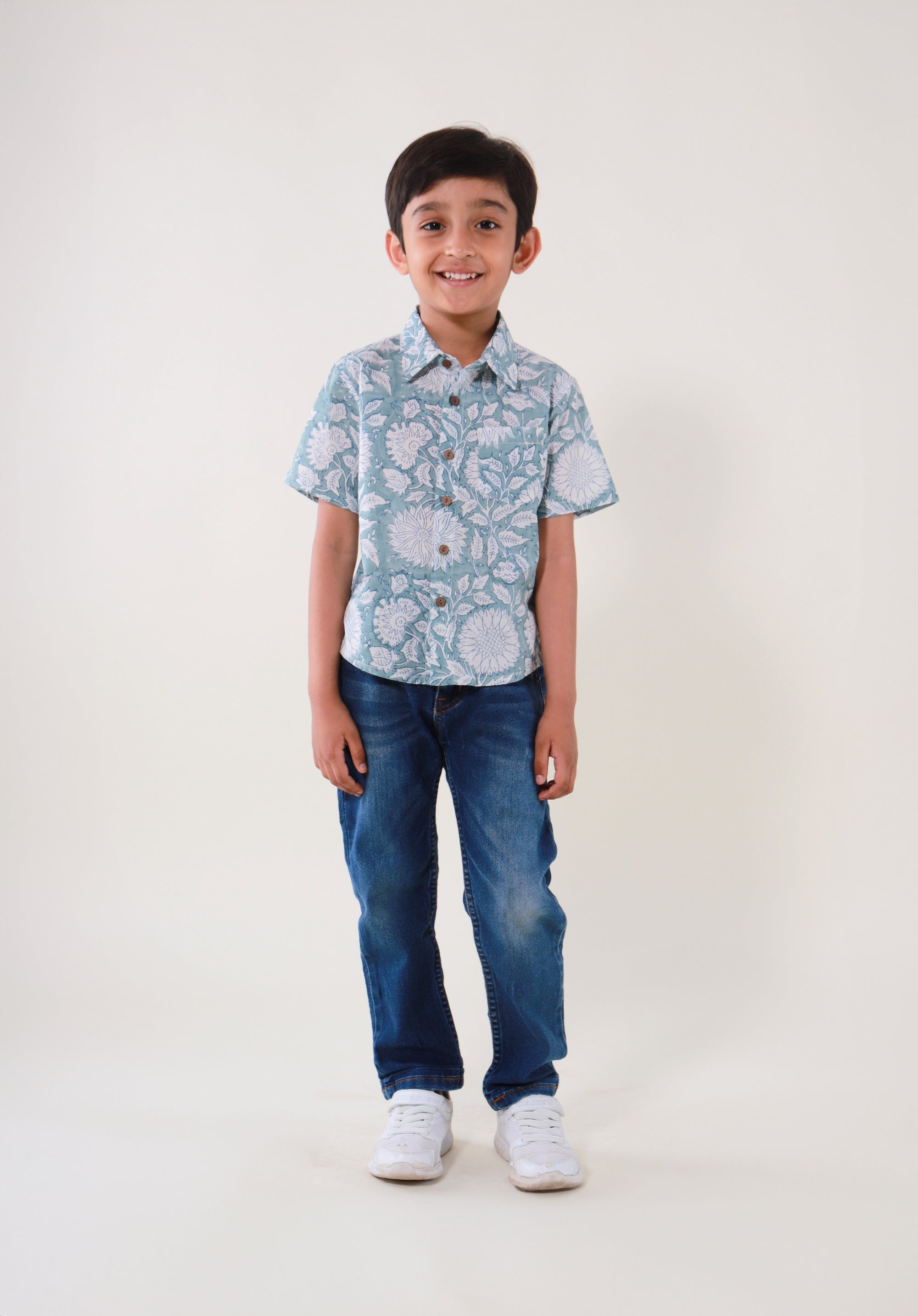Block Printed Boy's Shirt Floral Blue