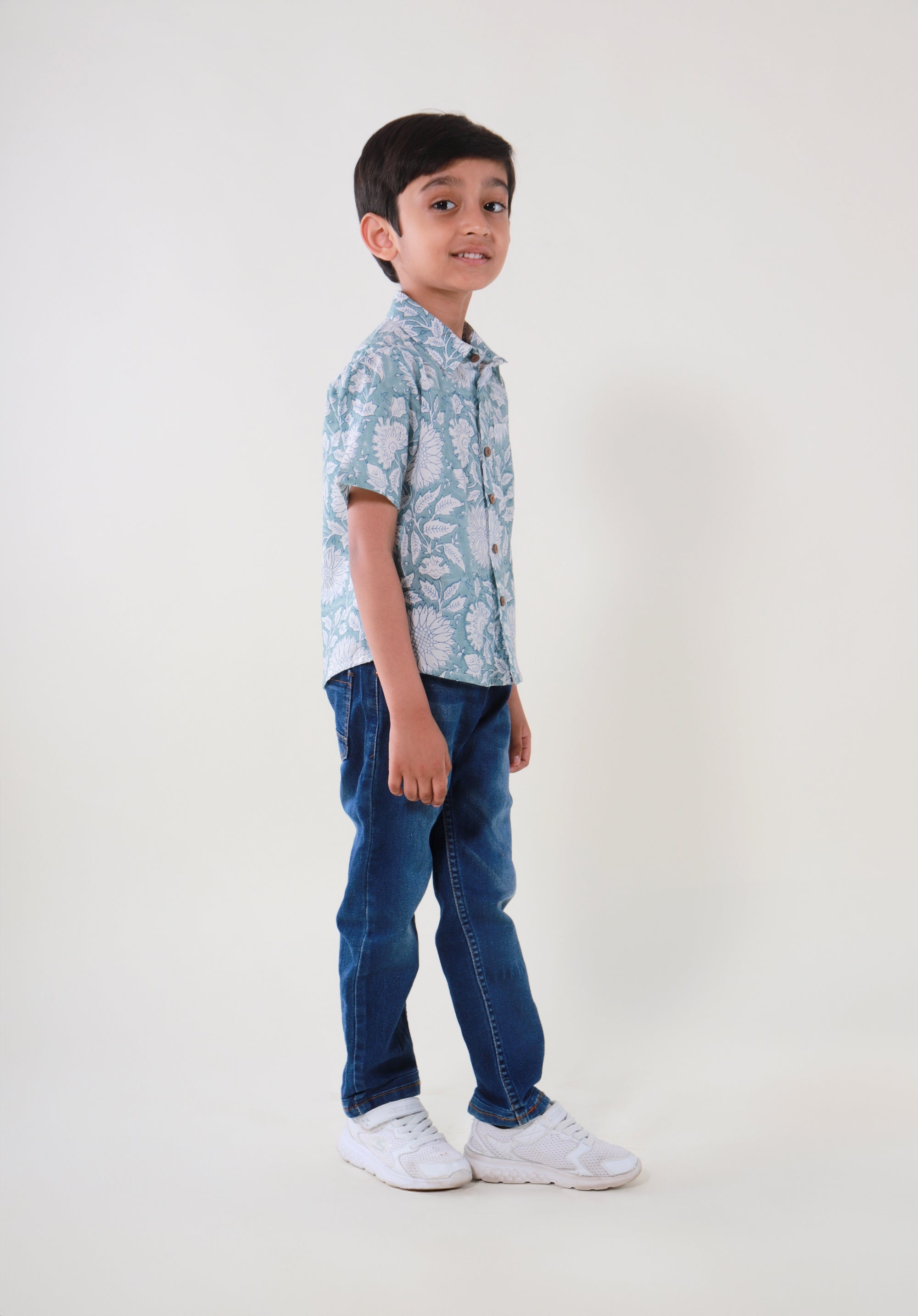 Block Printed Boy's Shirt Floral Blue