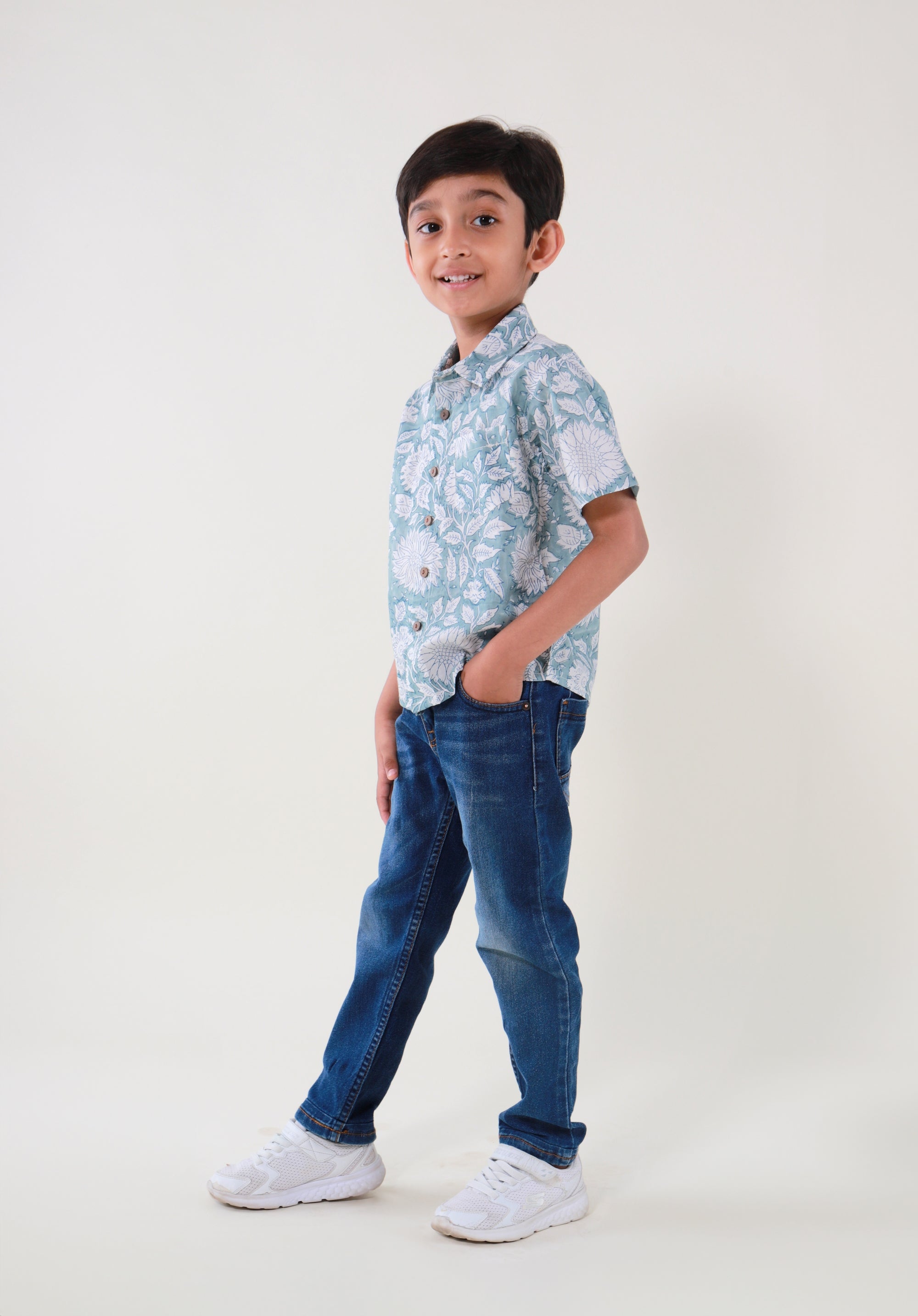 Block Printed Boy's Shirt Floral Blue
