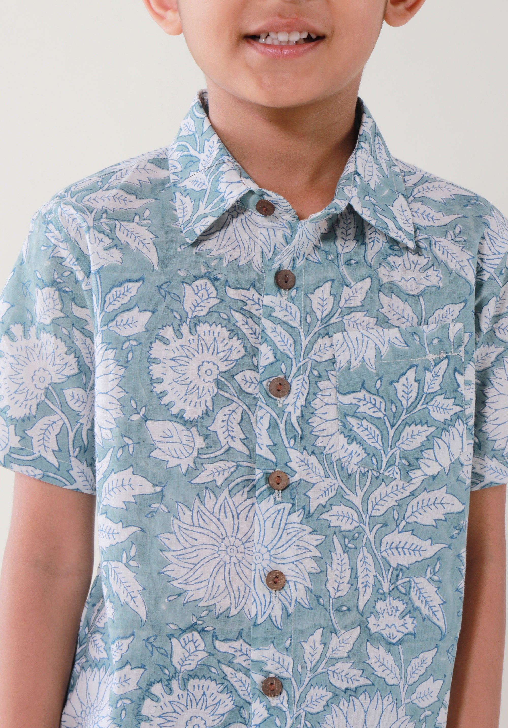 Block Printed Boy's Shirt Floral Blue