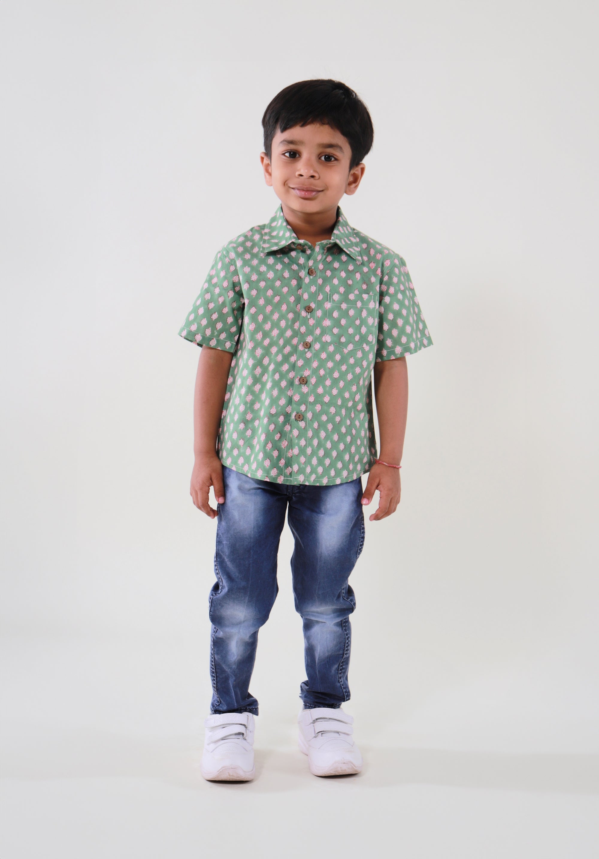 Block Printed Boy's Shirt Buti Green