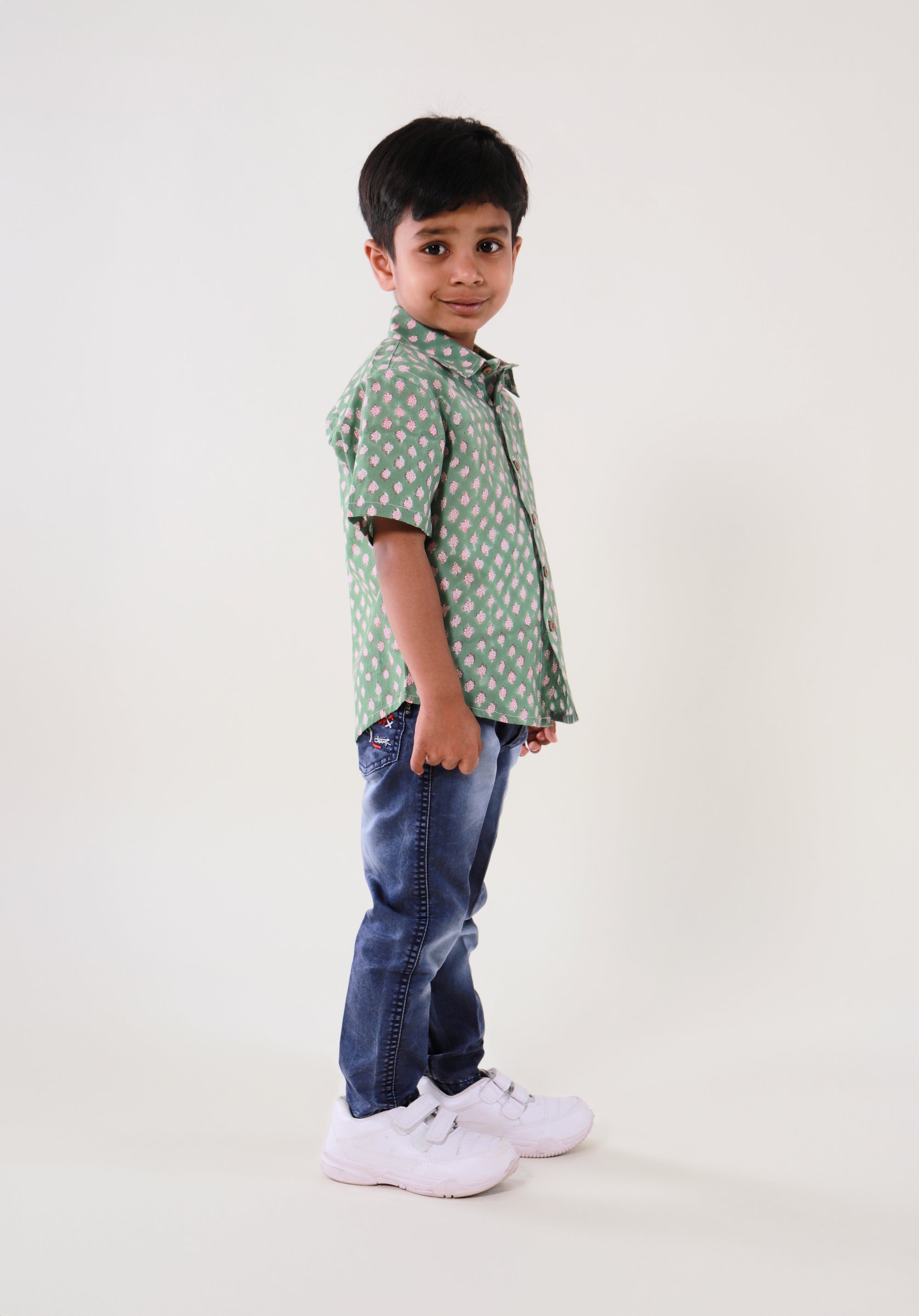 Block Printed Boy's Shirt Buti Green