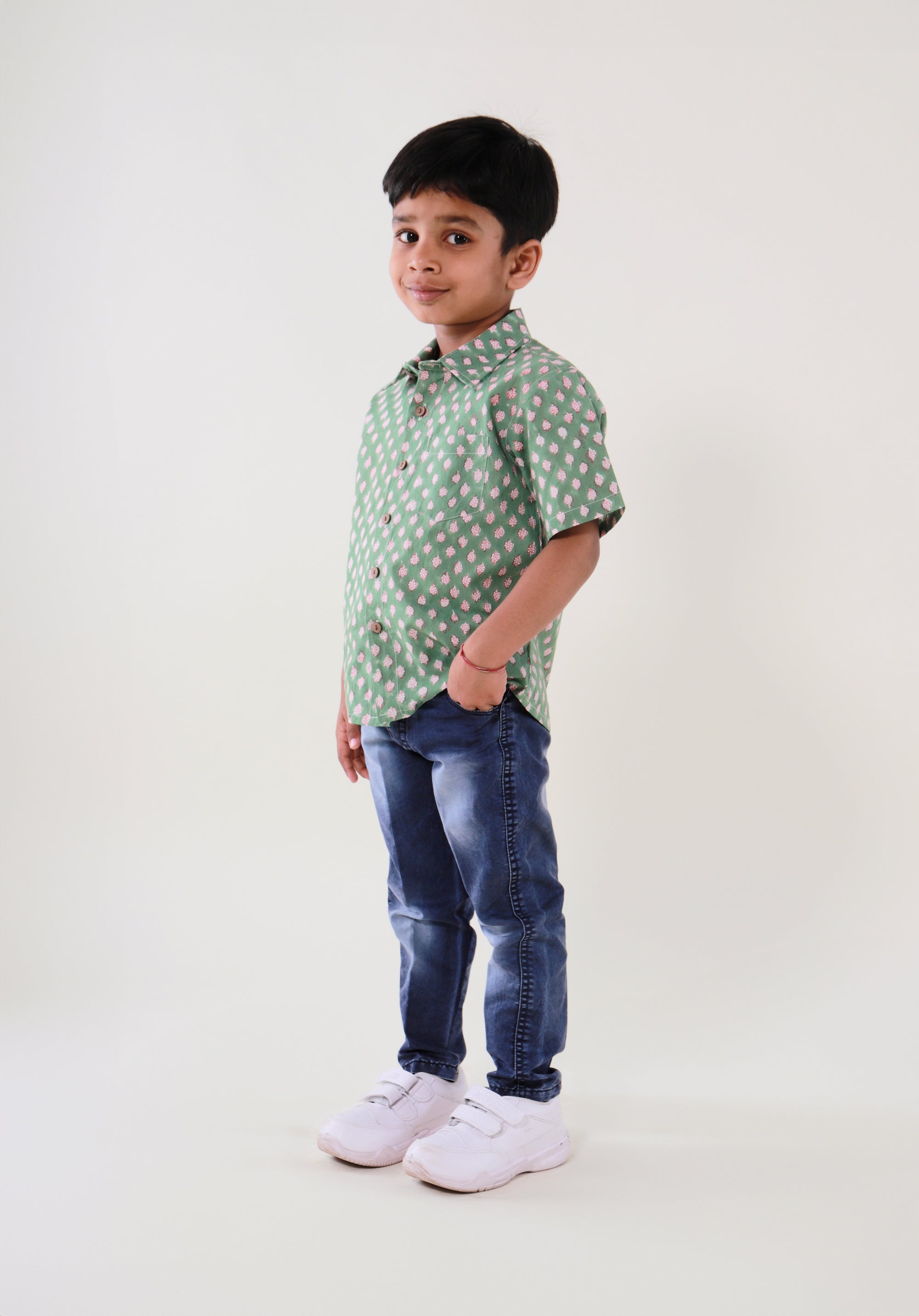 Block Printed Boy's Shirt Buti Green