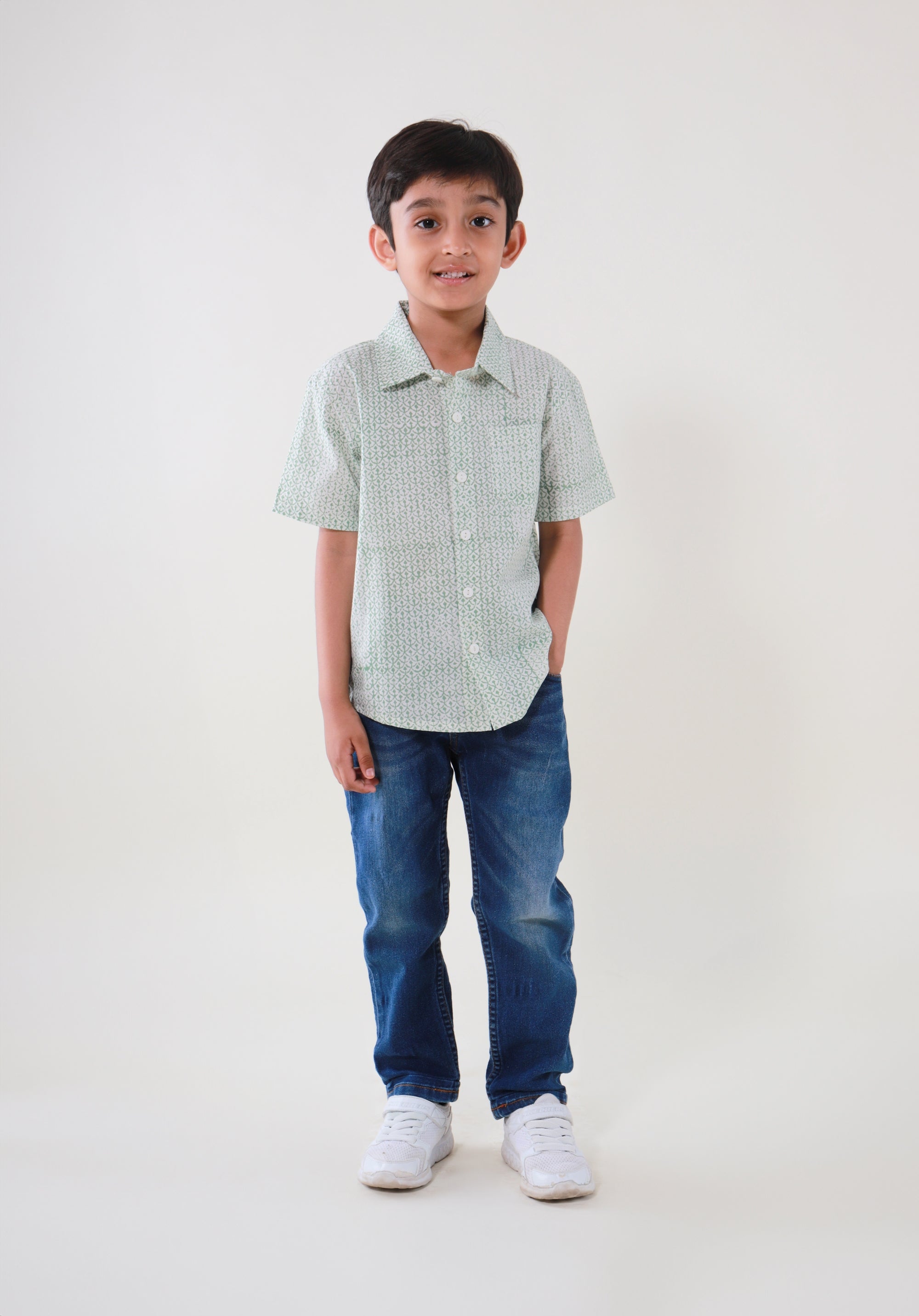 Block Printed Boy's Shirt Fish Scale Green