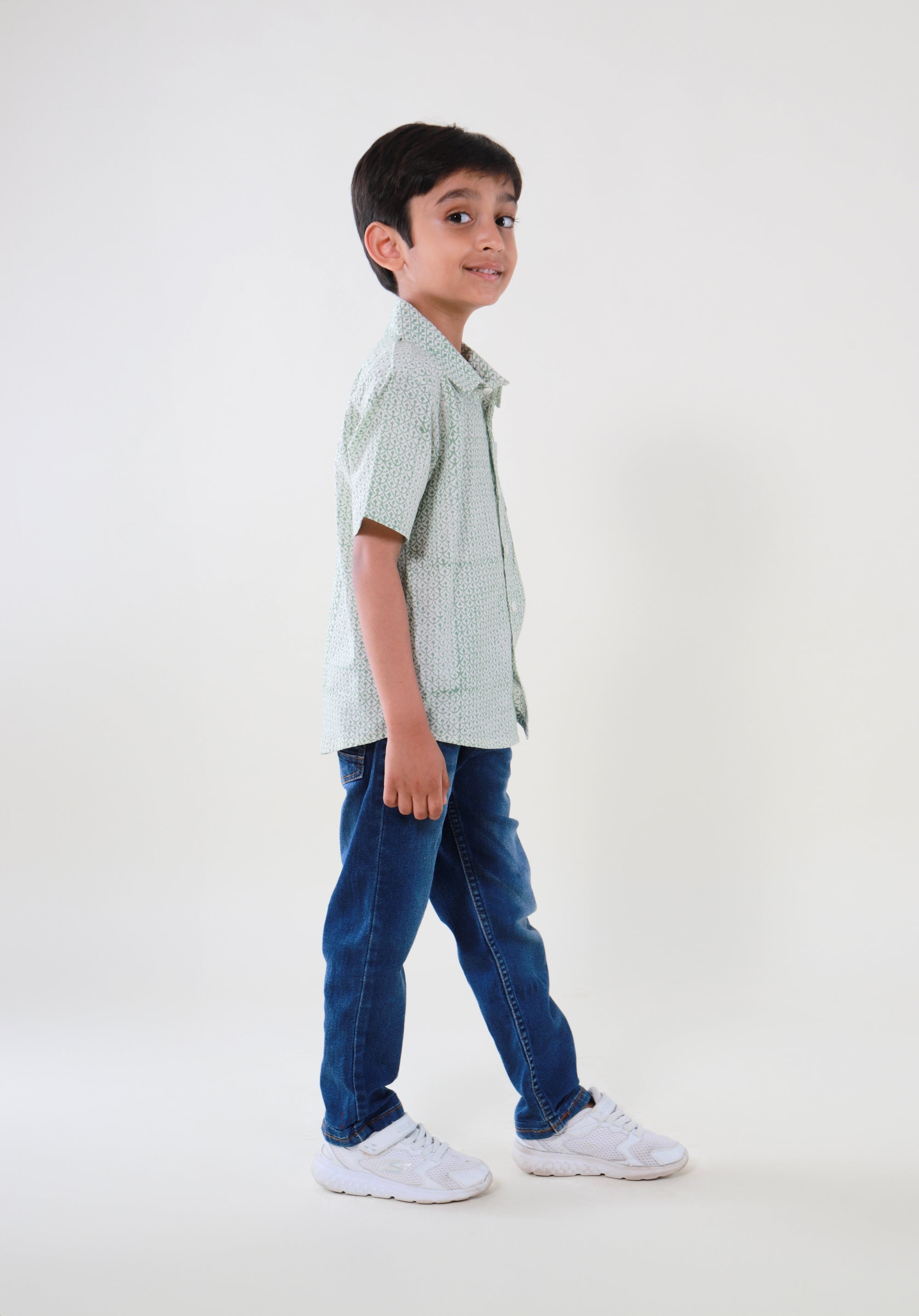 Block Printed Boy's Shirt Fish Scale Green