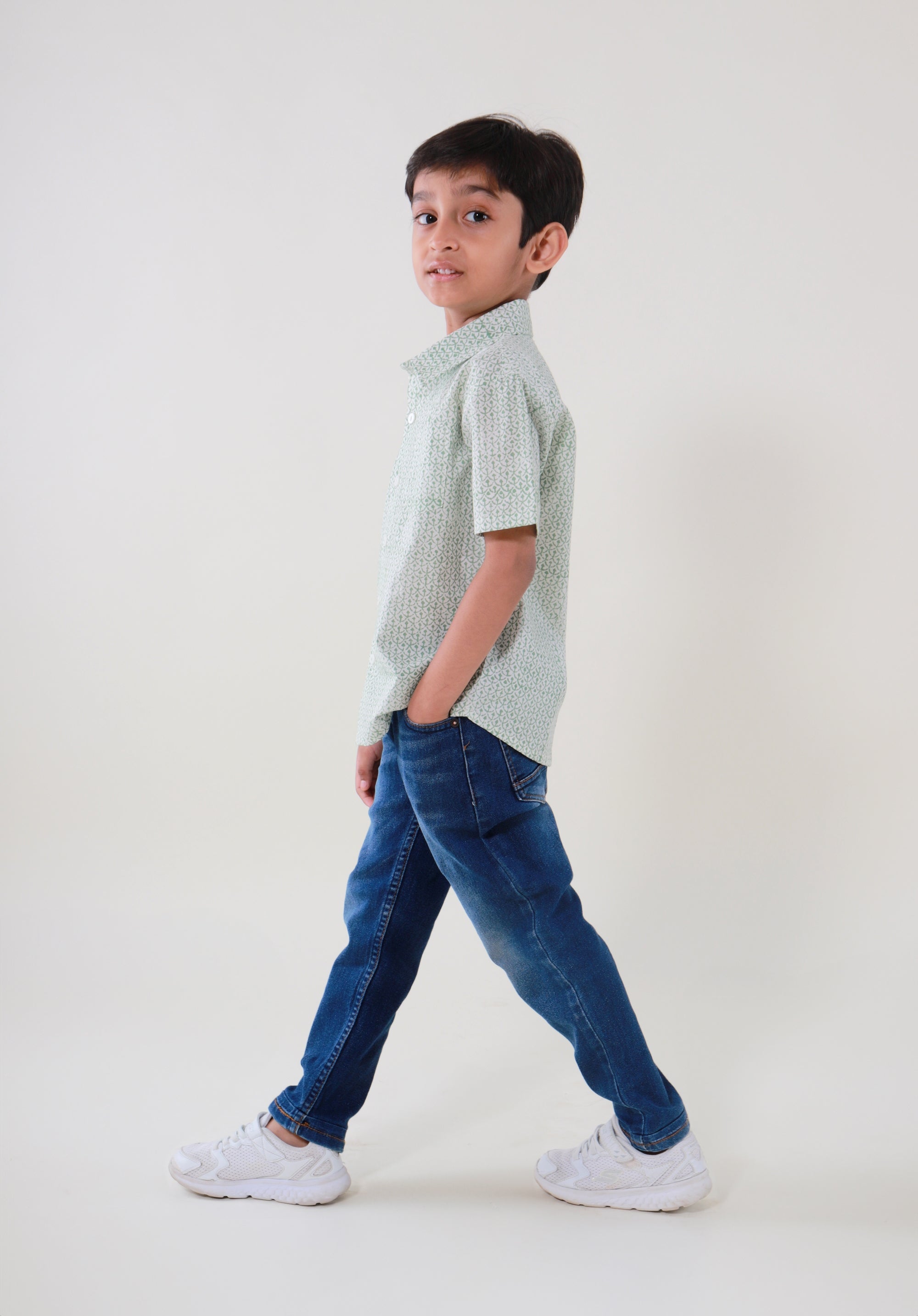 Block Printed Boy's Shirt Fish Scale Green