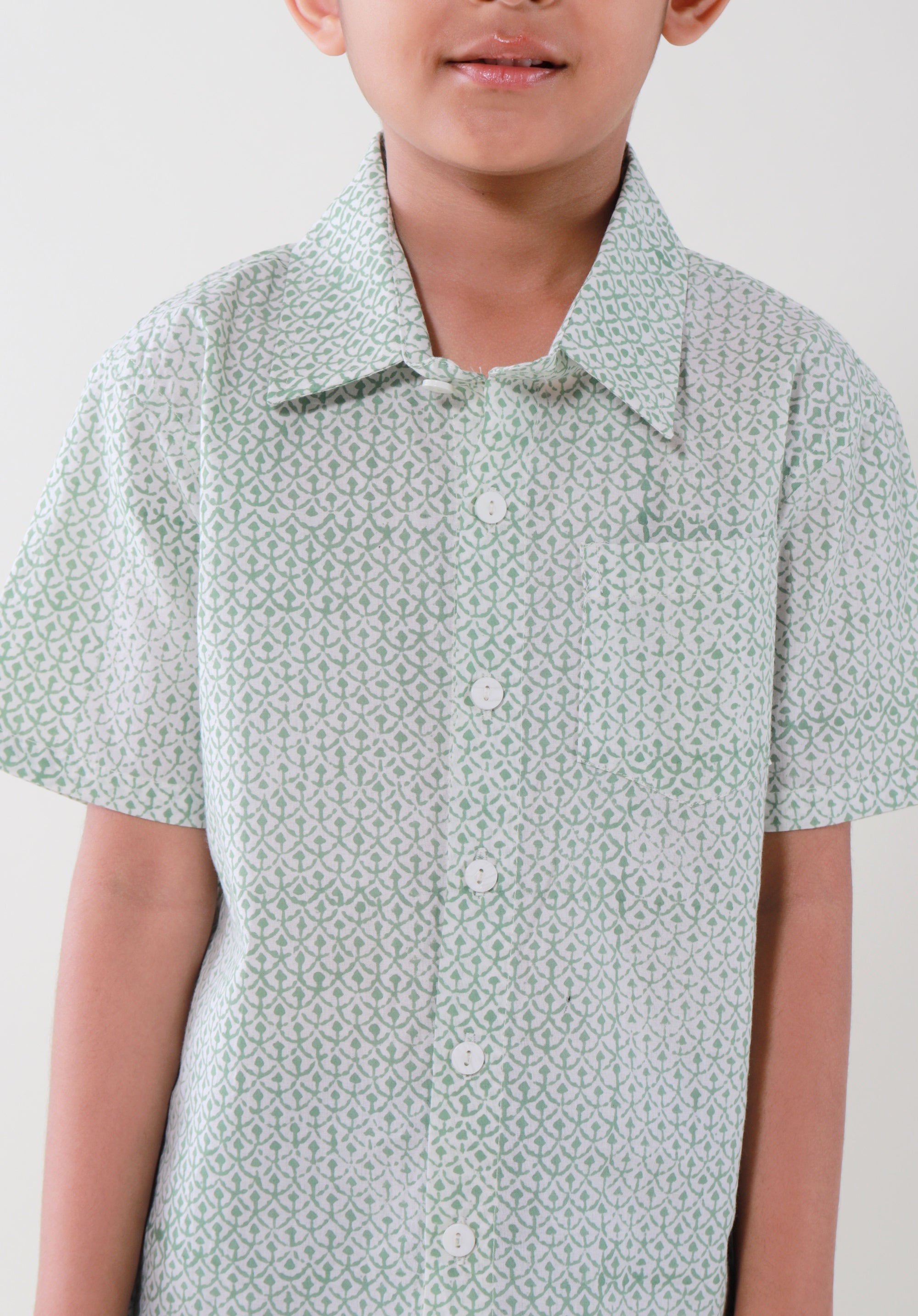 Block Printed Boy's Shirt Fish Scale Blue