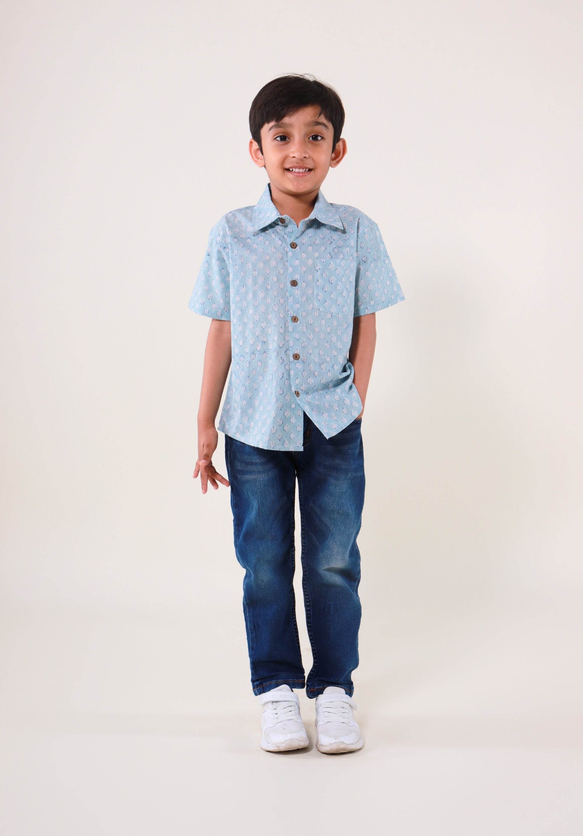 Block Printed Boy's Shirt Buti Blue