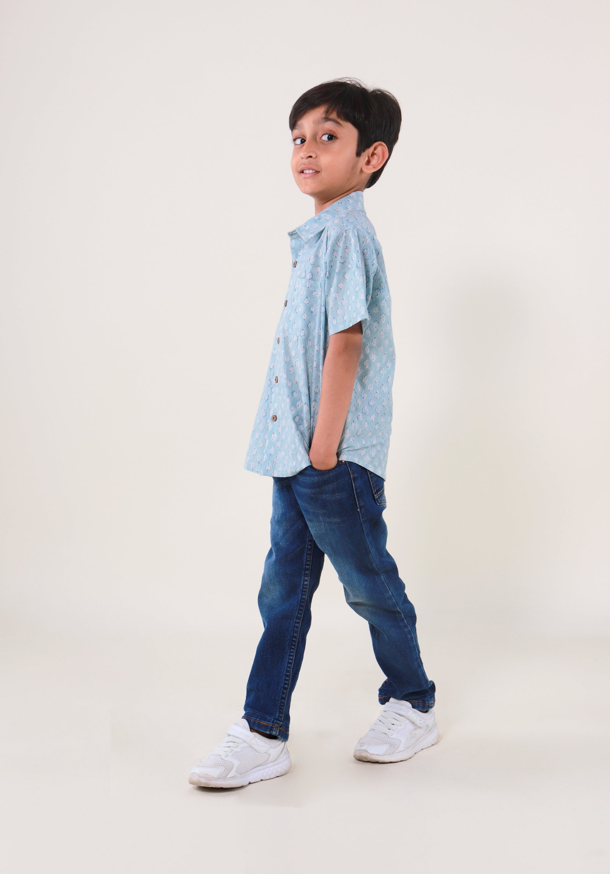Block Printed Boy's Shirt Buti Blue