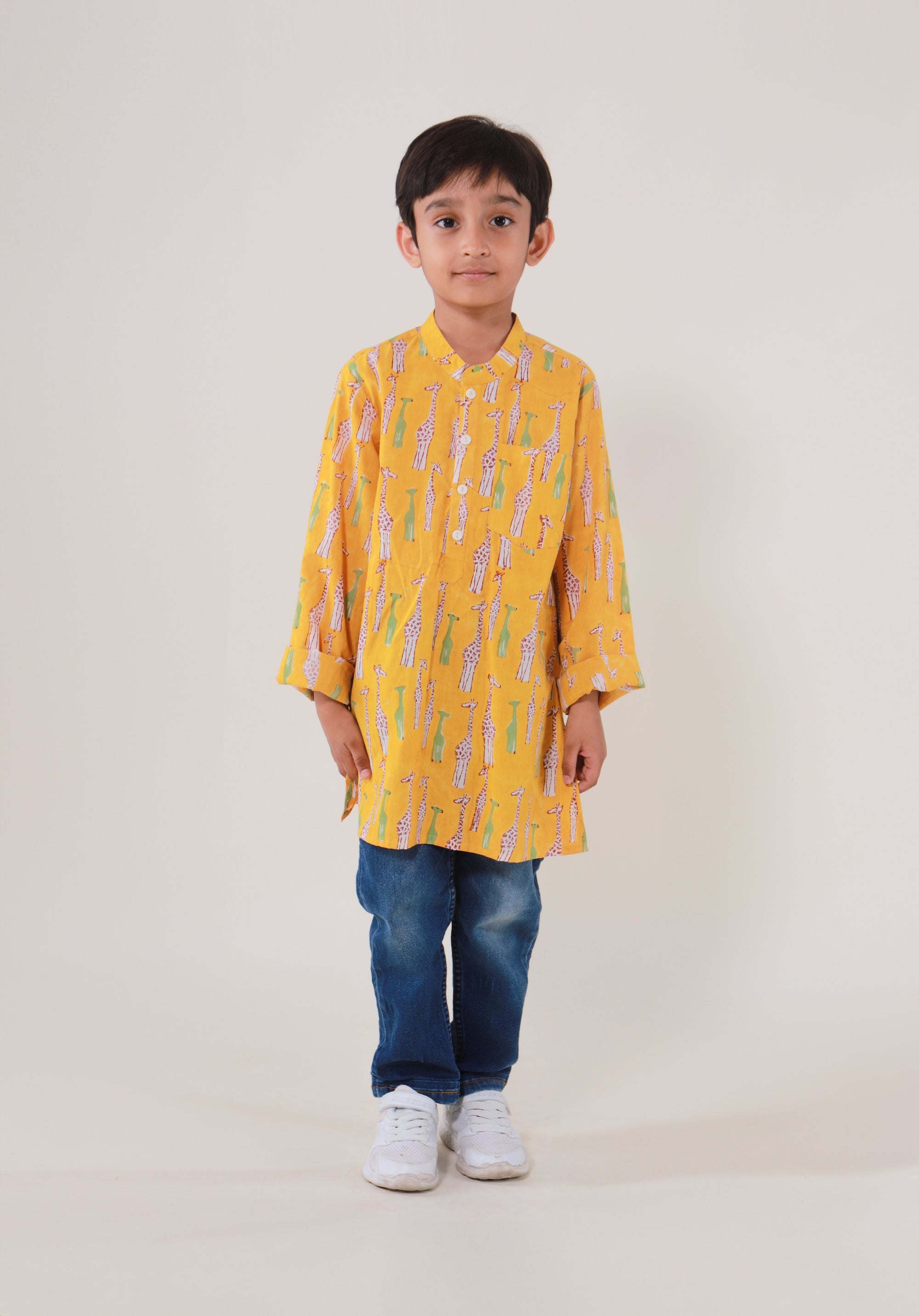Block Printed Boy's Kurta Giraffe Yellow