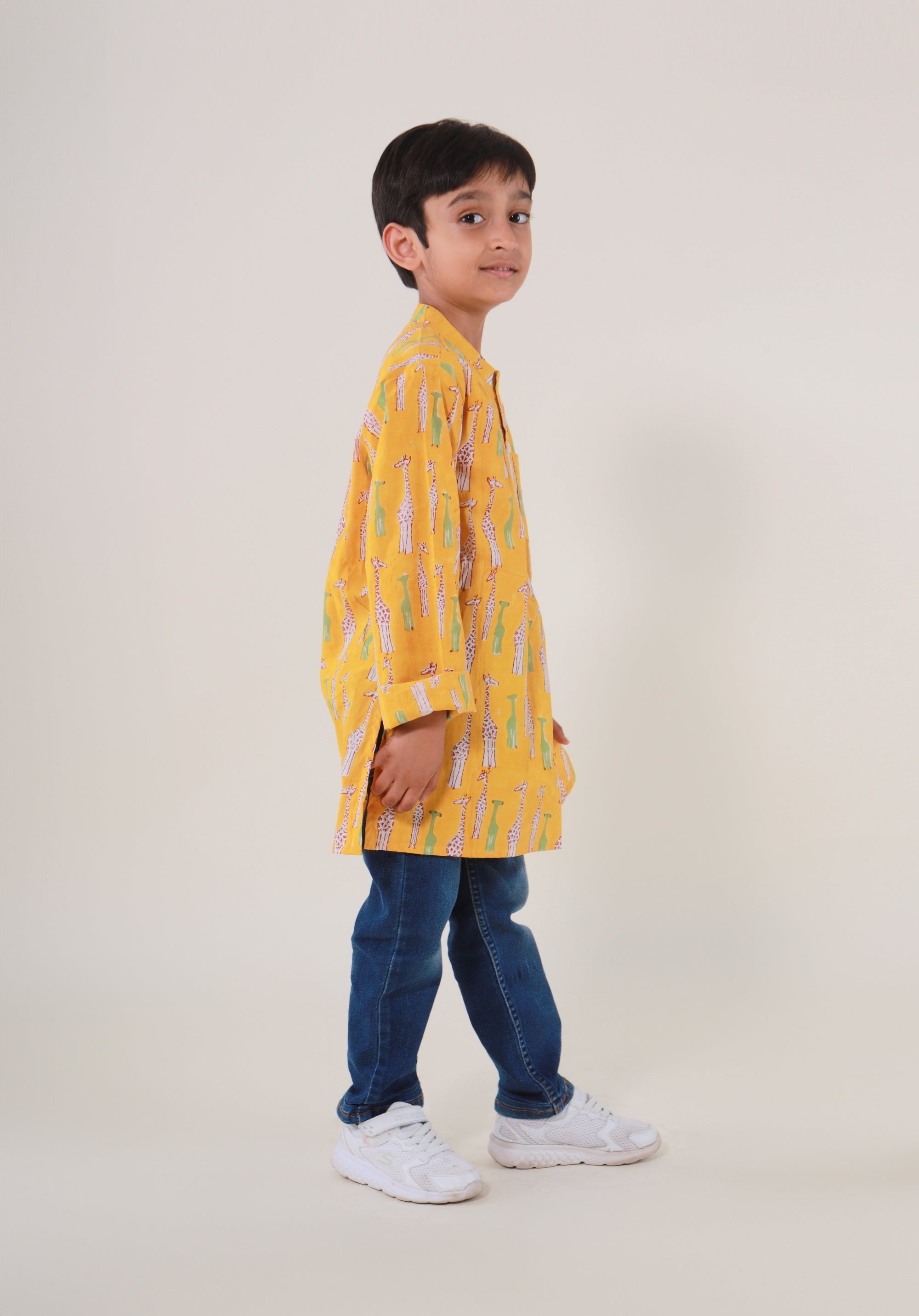 Block Printed Boy's Kurta Giraffe Yellow