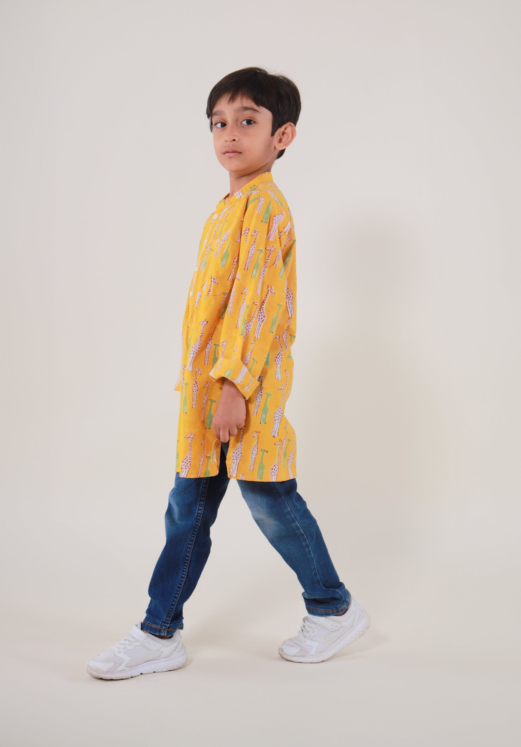 Block Printed Boy's Kurta Giraffe Yellow
