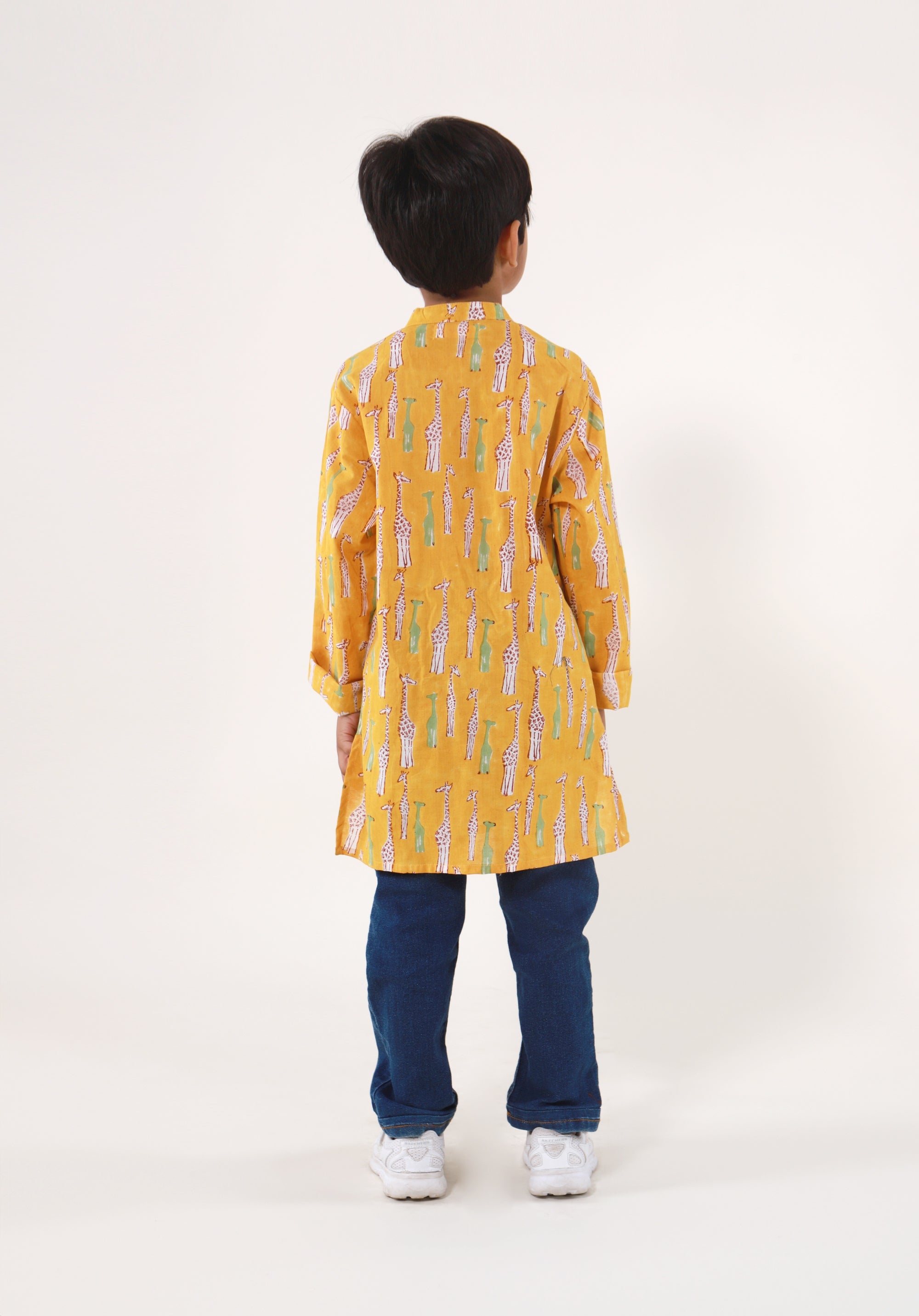Block Printed Boy's Kurta Giraffe Yellow