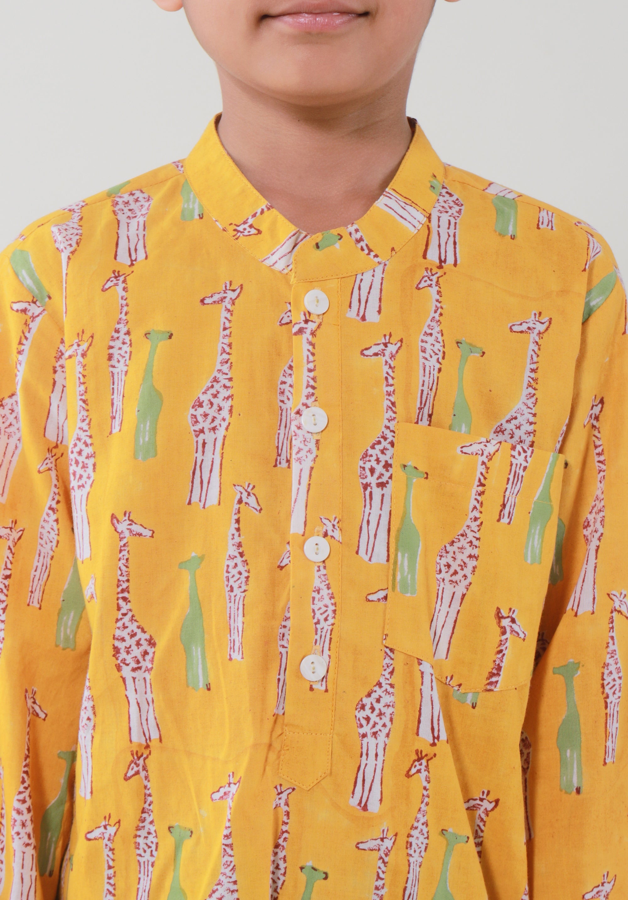 Block Printed Boy's Kurta Giraffe Yellow