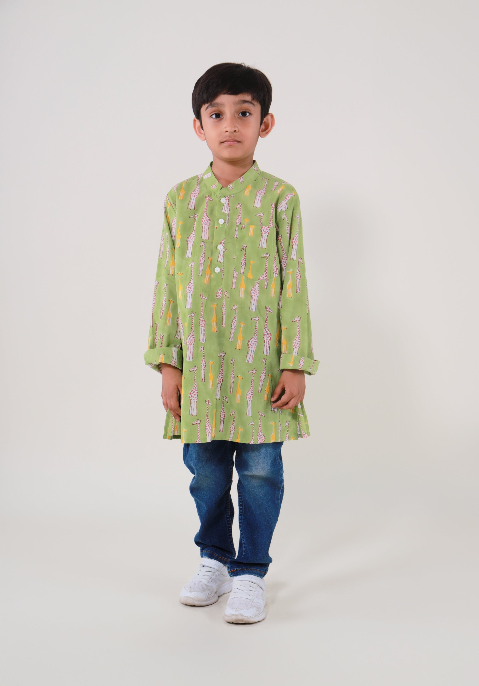 Block Printed Boy's Kurta Giraffe Green