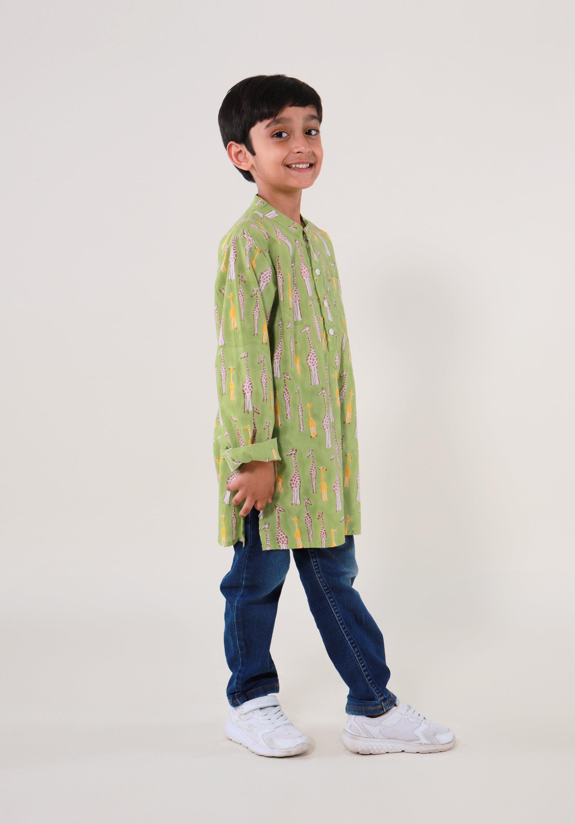 Block Printed Boy's Kurta Giraffe Green