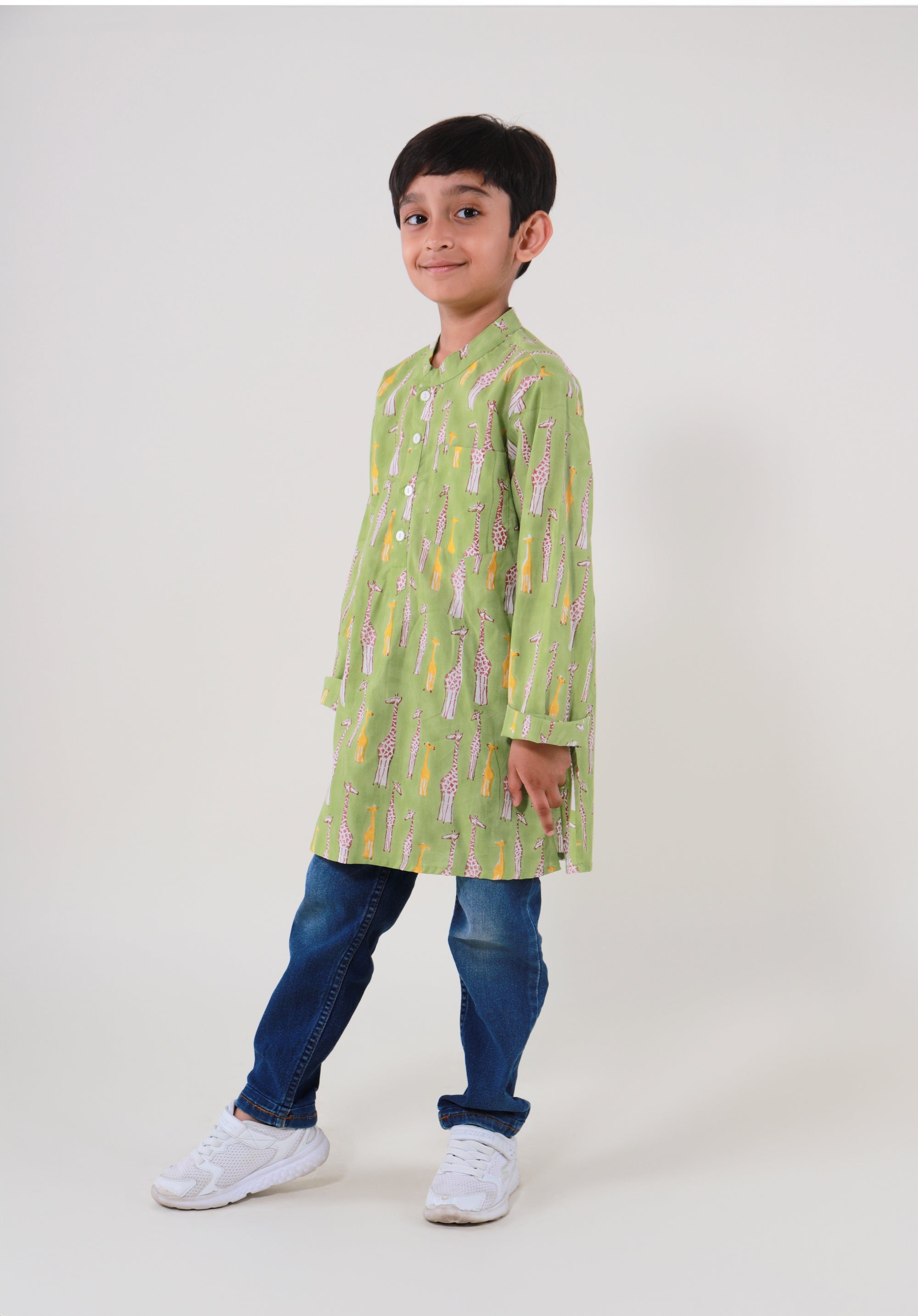Block Printed Boy's Kurta Giraffe Green