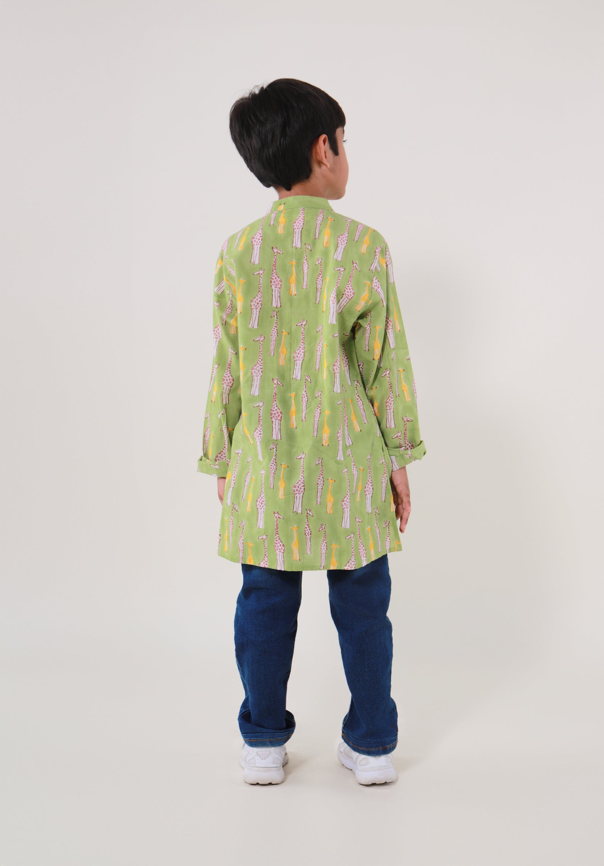 Block Printed Boy's Kurta Giraffe Green