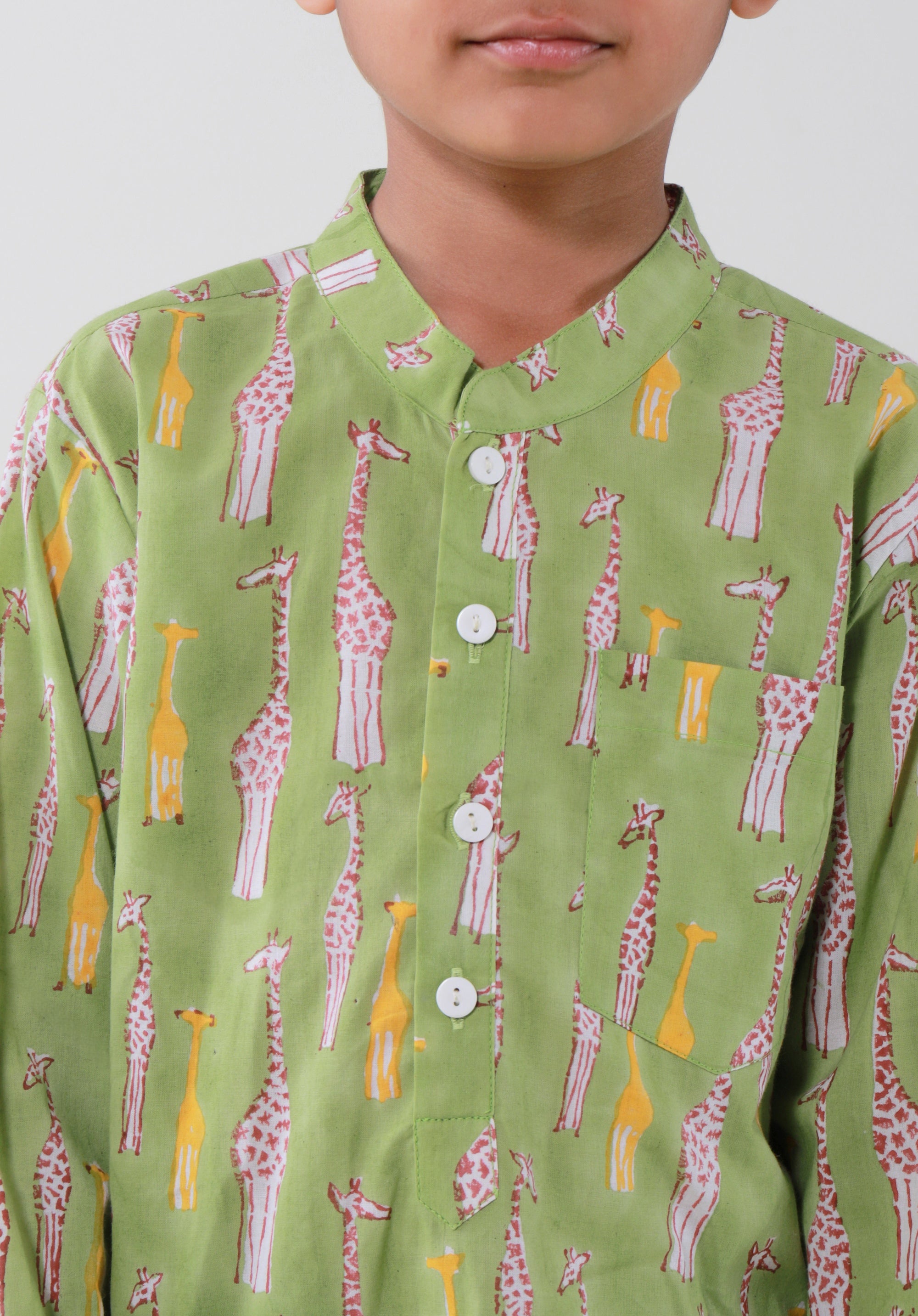 Block Printed Boy's Kurta Giraffe Green