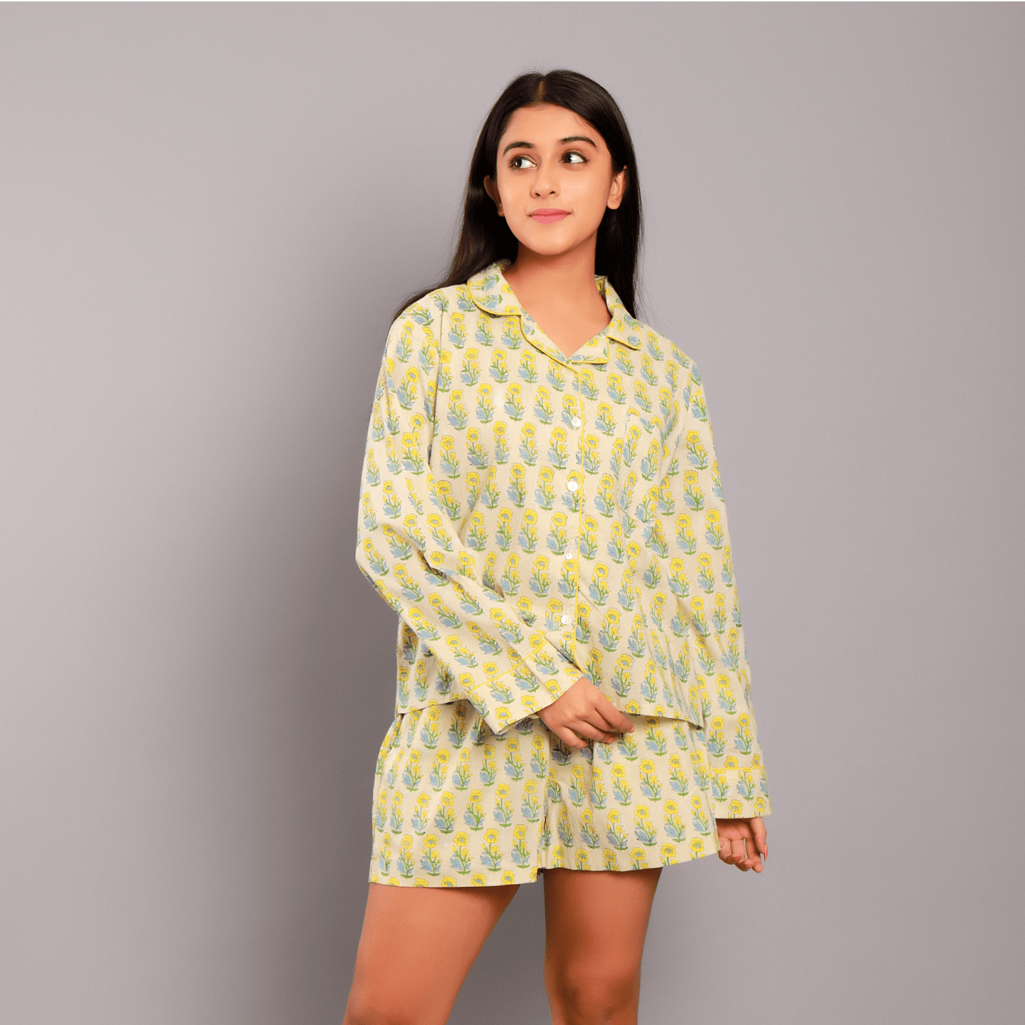 Women nightsuit ethnic buti beige- yellow block printed