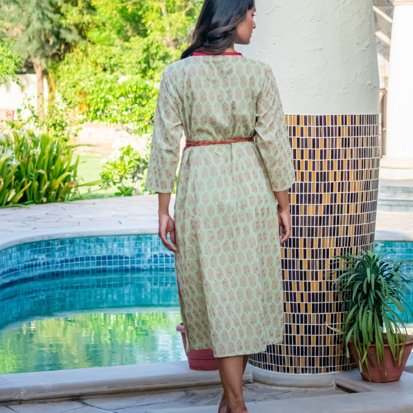 Women wrap around block printed dress