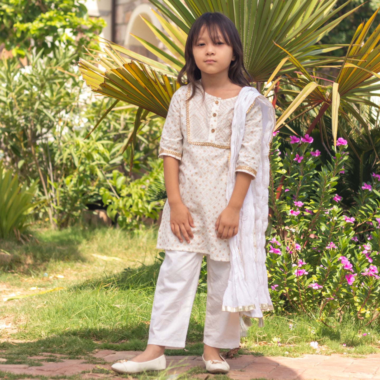 Girls Block Printed Kurta Set Bandhej White