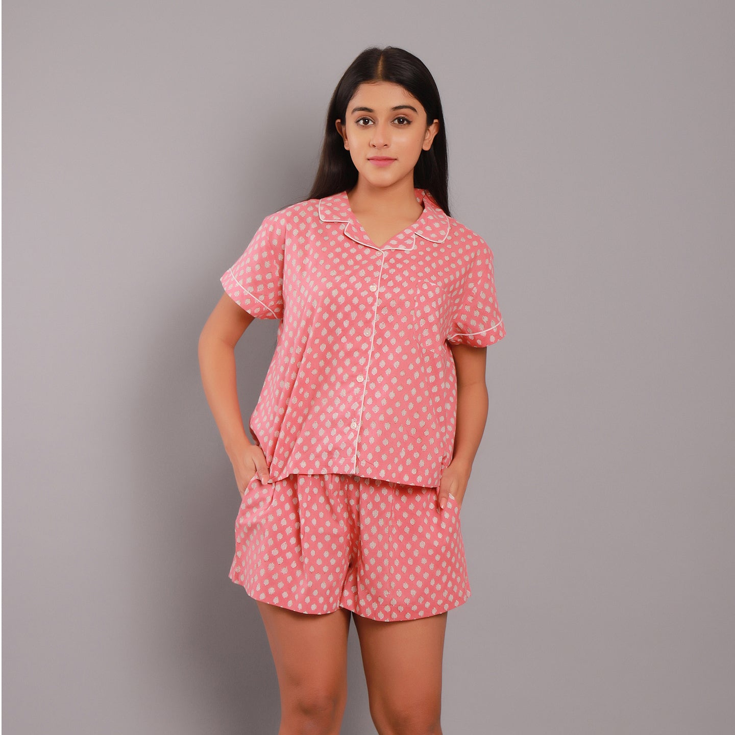 Nora Night Suit Shorts Set- Coral