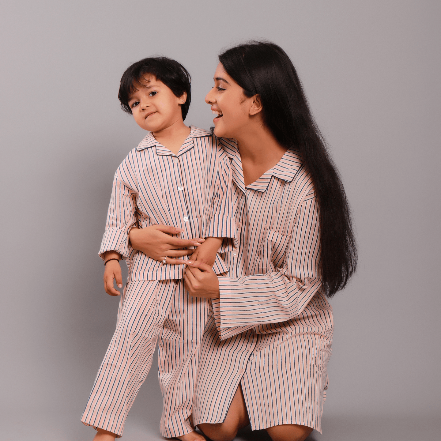 Block Printed Unisex Night Suit Set Stripes Pink