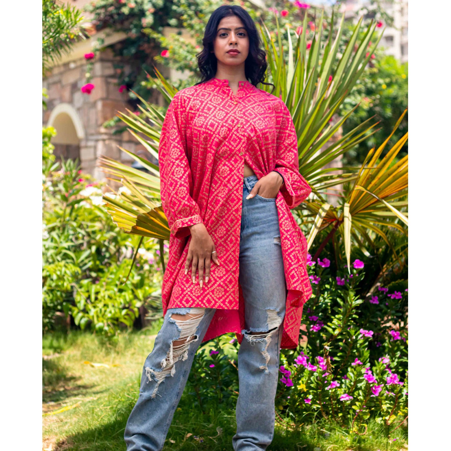 Women Block printed oversized shirt Coral