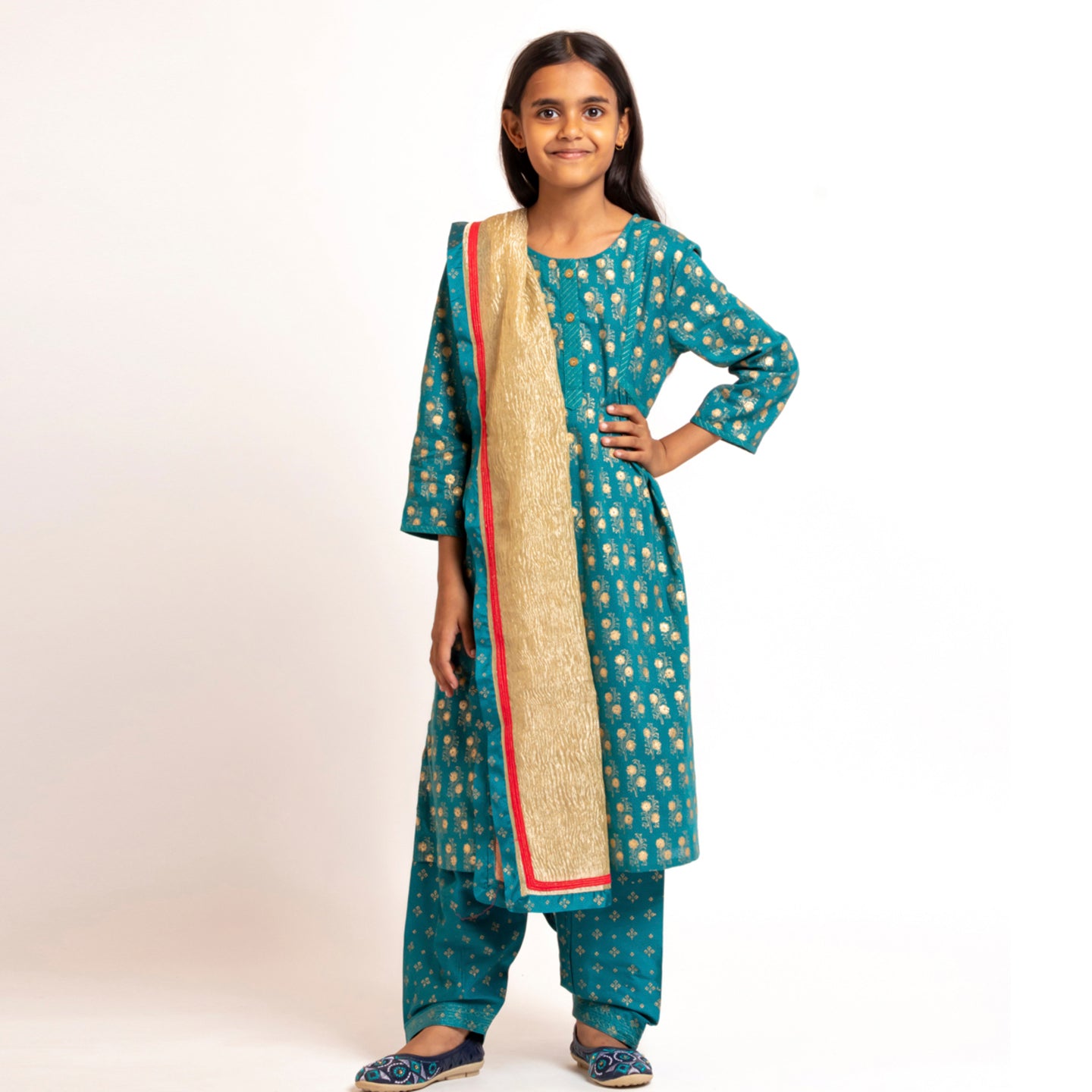 Girl's Block printed kurta Set Blue